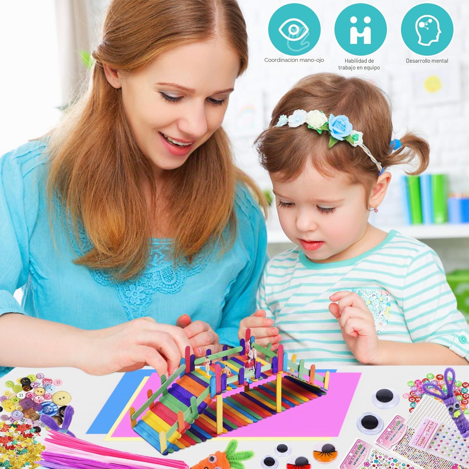 TAVADA Kit Manualidades Niños,3000+PCS DIY Creativo Kit Manualidades Material DIY Arts Crafts,Juegos de Manualidades con Pompoms,Palos para Manualidades,Papel de Colores