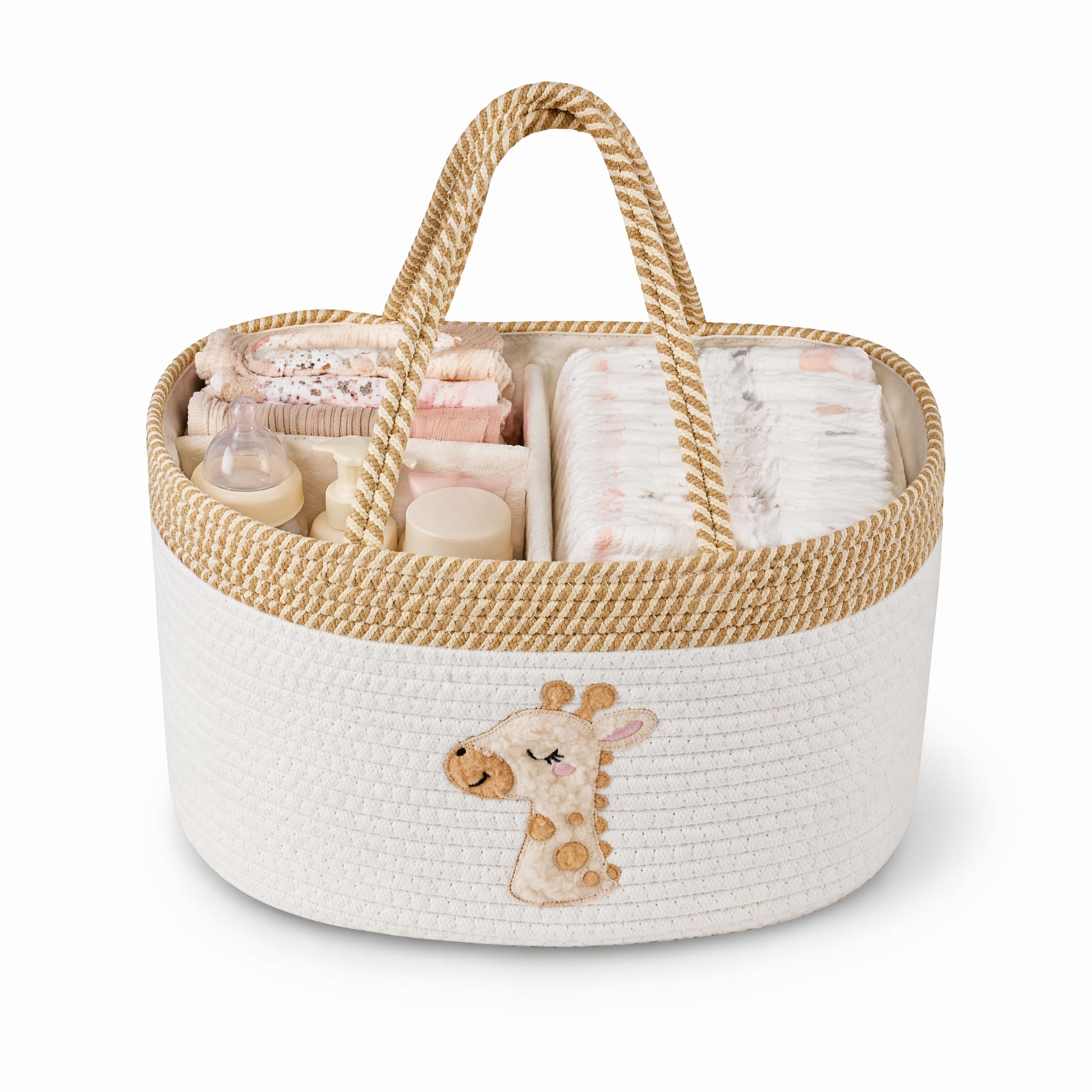 Baby Diaper Caddy Basket, Changing Table Diaper Caddy Organizer, Portable Nursery Car Storage Basket with Removable Divider, Cotton Woven Rope Baskets for Baby Shower Gifts Registry by Name