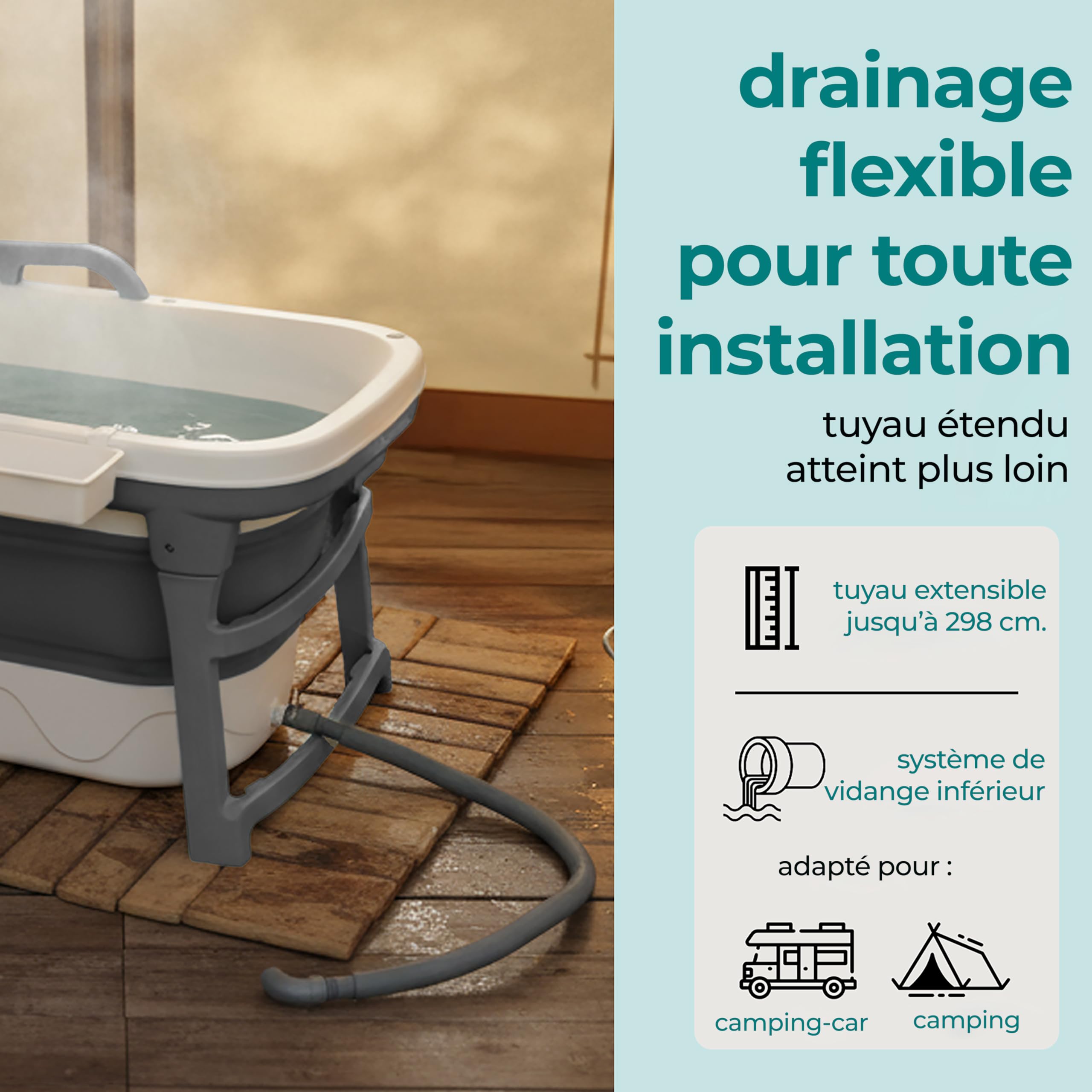 SereneLife Baignoire Pliable Adulte 152 cm, Baignoire Spa Portable avec Couvercle, LED, Douche Rechargeable, Coussin, Rouleaux de Massage et Vidange, jusqu'à 200 kg