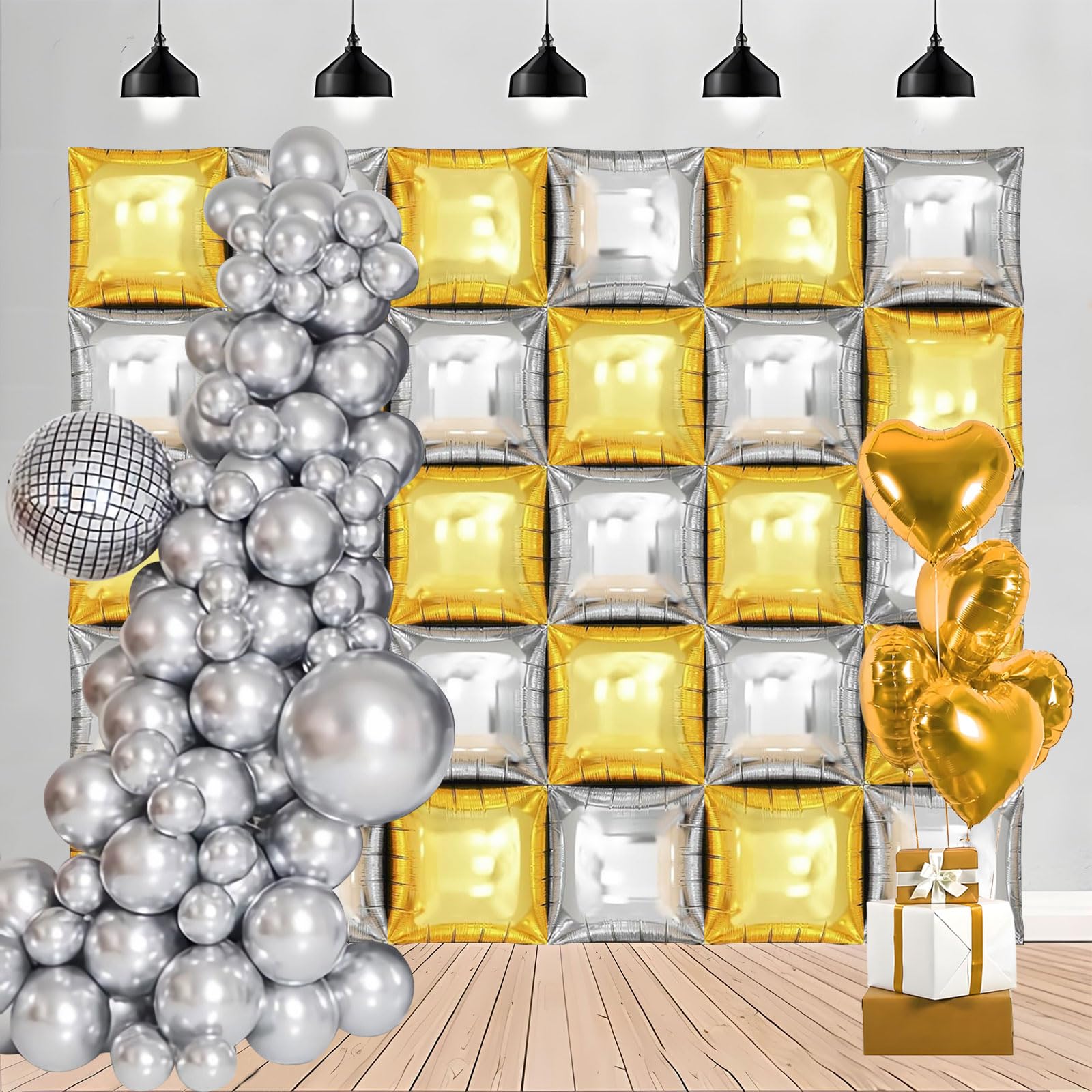 Metallic Gold and Silver Square Foil Balloons Wall - 19 Inches Square Balloons Tunnel Arch Garland Kit for Graduation Decorations Class of 2025,