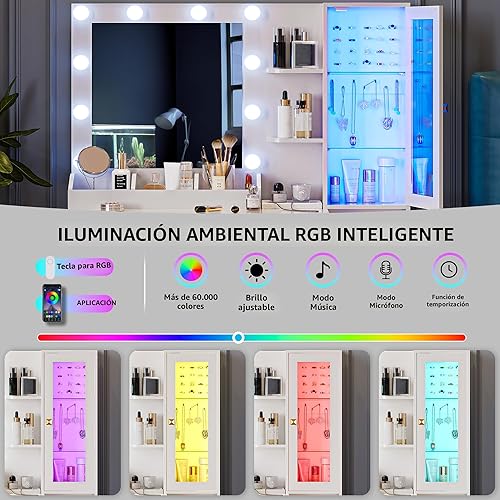 Miniatura 3 de Escritorio de tocador con espejo y luces, juego de mesa de tocador de maquillaje con 5 cajones de almacenamiento, toma de corriente y silla, pequeño