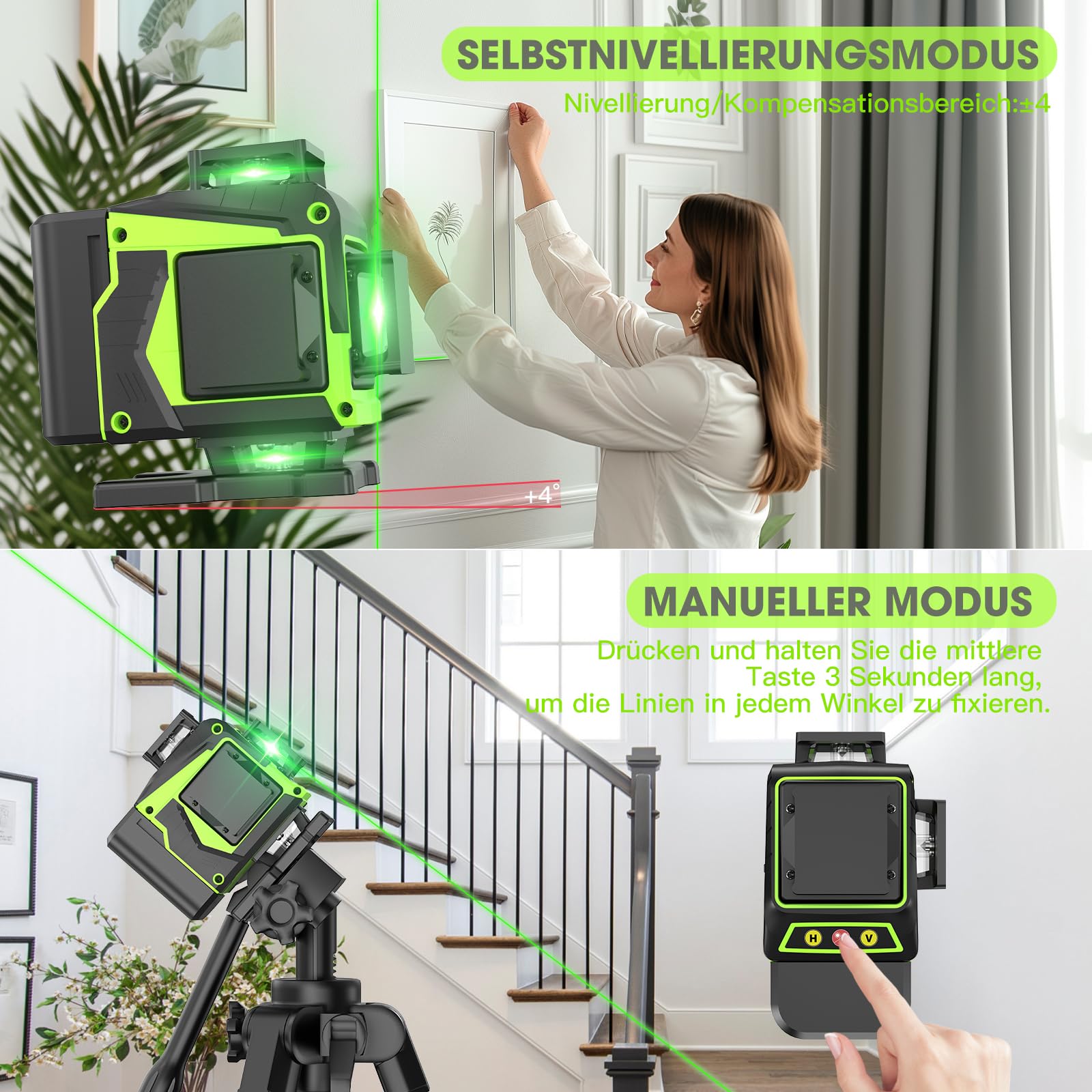 Kreuzlinienlaser Grün 16 Linien Nivellierlaser mit Stativ, 4 x 360 ° Laser Wasserwaage, Linienlaser Kreuzlaser Selbstnivellierend für Innenbereich Baustelle, 2 x Batterie Vermessungskabine