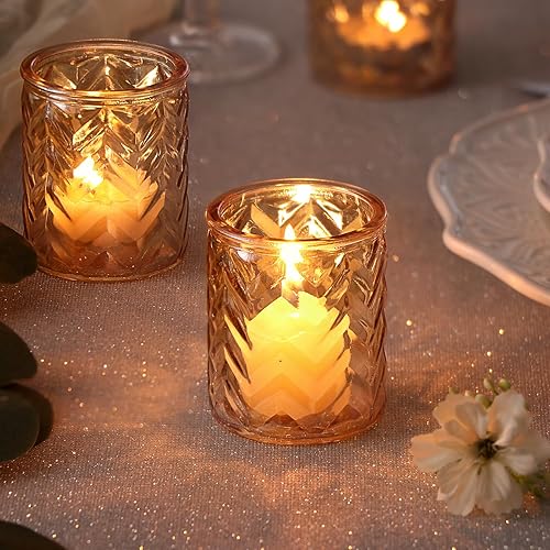 Vista 8 de LAMORGIFT Portavelas votivas doradas, 12 unidades, velas de té doradas, centros de mesa para bodas, cumpleaños, decoración de fiesta de aniversario