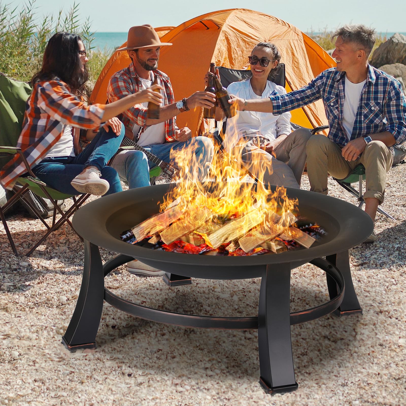 TLGREEN Braciere da Esterno, Braciere Barbecue, Ø 76 cm Braciere da Giardino in Look Retrò, Bracieri per il Giardino con Parascintille e Griglia, Stabile e Funzionale, per Fuoco e Riscaldamento