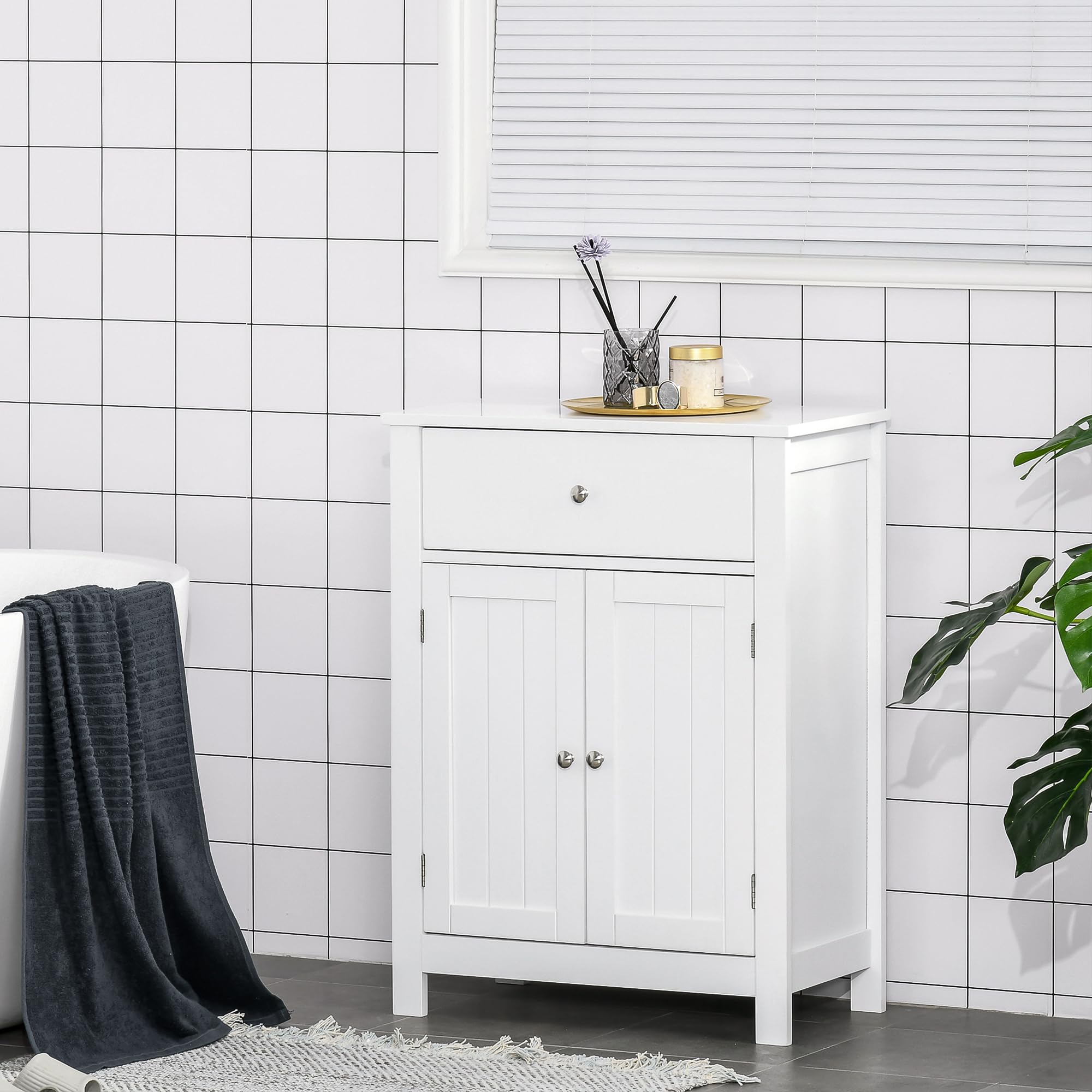 kleankin Armario de Baño de Almacenaje Multifuncional Mueble Auxiliar con 2 Puertas 1 Cajón y Estante Interior Ajustable Antivuelco para Cocina Salón 60x30x80 cm Blanco