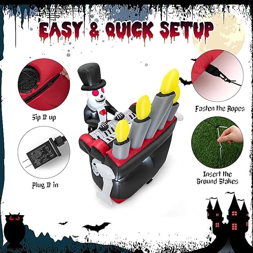 Miniatura 8 de Tangkula Piano inflable de esqueleto de Halloween de 5.2 pies, decoración al aire libre con altavoz Bluetooth y 4 luces LED, decoración de patio