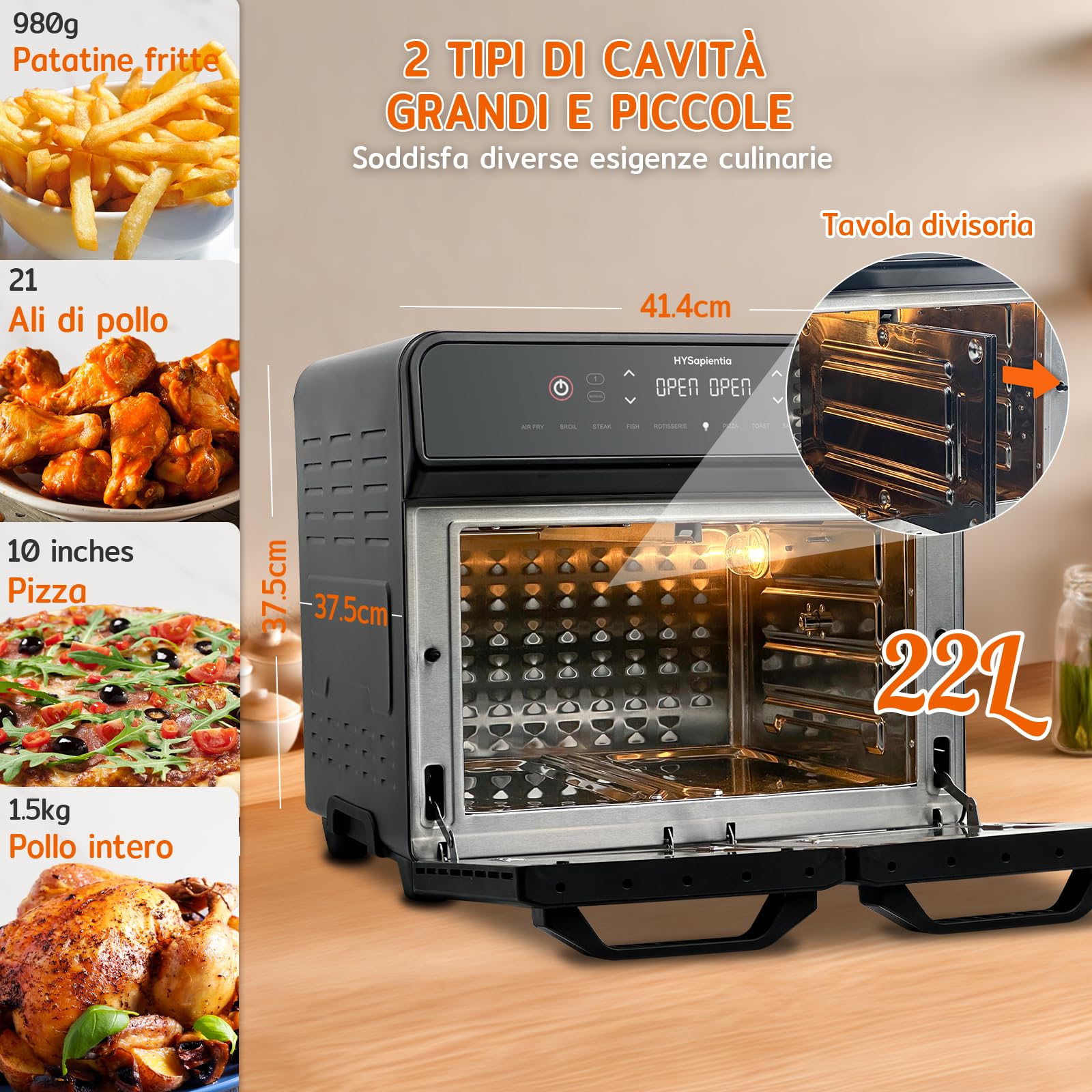 HYSapientia 22 Litri Forno Friggitrice Ad Aria doppio cestello Calda，2400W friggitrice aria 2 cestelliin in acciaio inossidabile,10 Funzioni,Doppia Temperatura,Suddividere in due campate，Girarrosto