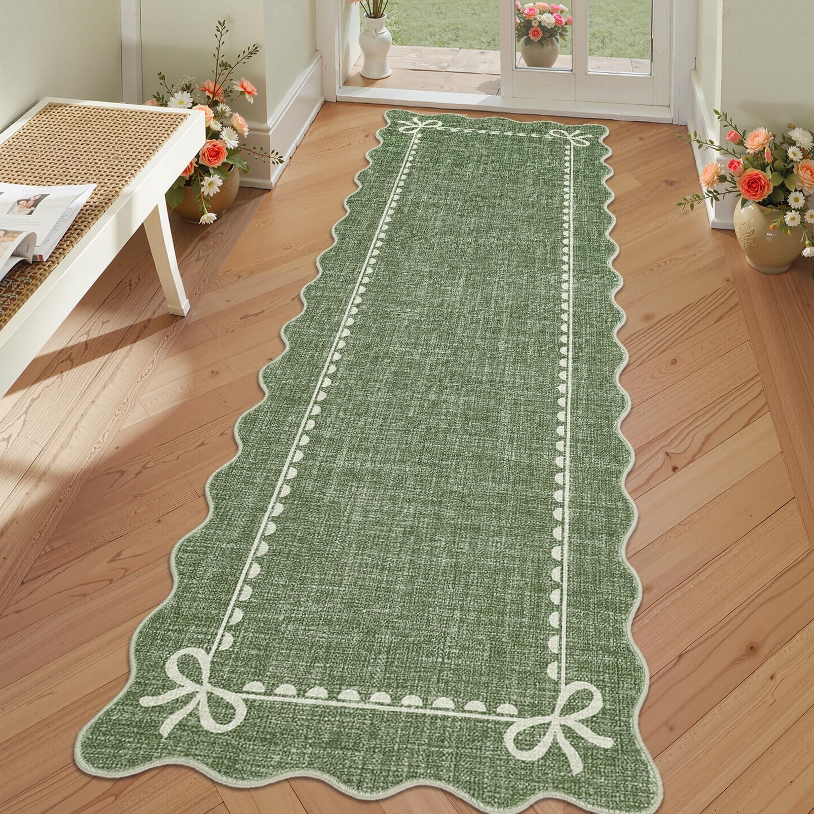 GarveeHome Scalloped Bow Rug for Living Room, Solid Green Rug for Dorm, Washable Runner Rug 2.5x10 Soft Low Pile Non Slip Scalloped Rugs for Nursery