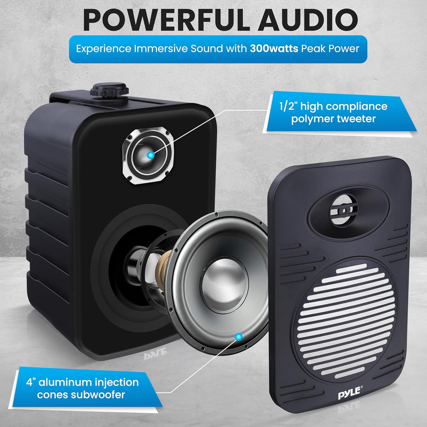 Pyle Indoor Outdoor Speakers Pair - 300 Watt Dual Waterproof 4” 2-Way Full Range Speaker System w/ 1/2” High Compliance Polymer Tweeter - in-Home, Boat, Marine, Deck, Patio, Poolside (Black) - Image 2