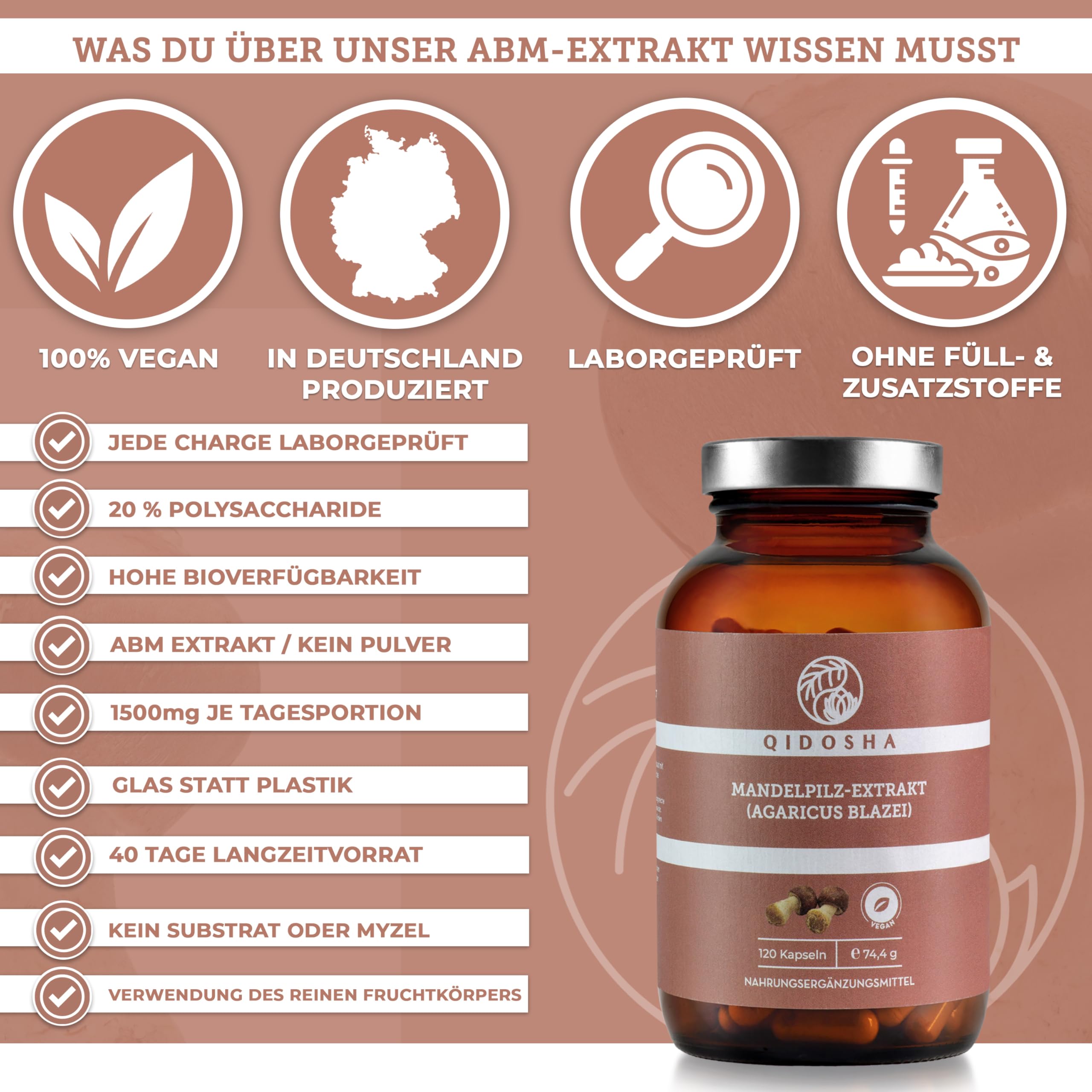 QIDOSHA® Agaricus 30:1 Extrakt Kapseln, 120 Stk, 1500 mg Mandelpilz Extrakt je Tagesportion, Agaricus Blazei Murill Kapseln hochdosiert, Mandelpilz Extrakt Kapseln, vegan, laborgeprueft