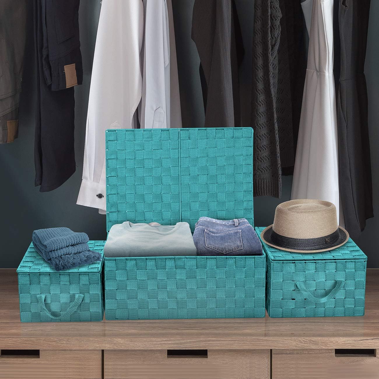 Sorbus Set of 3 Hand-Woven Storage Baskets with Lids (Aqua) – Mesh Bins for Closet, Shelf, or Pantry Organization – Variety Pack for Home and Office Storage