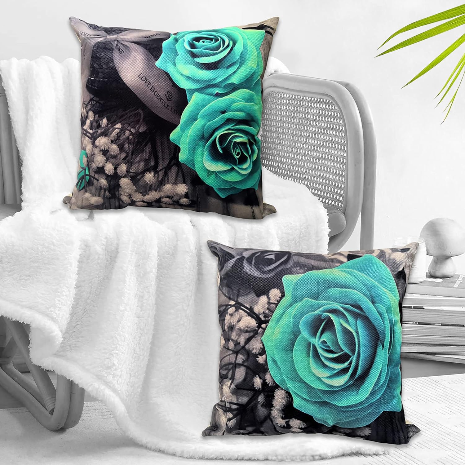 Flower Throw Pillow Covers Black Purple Rose Text Love Decorative Square Pillowcases 18x18 Set of 4 for Sofa Bedroom Living Room Decor Gift (Black Purple)