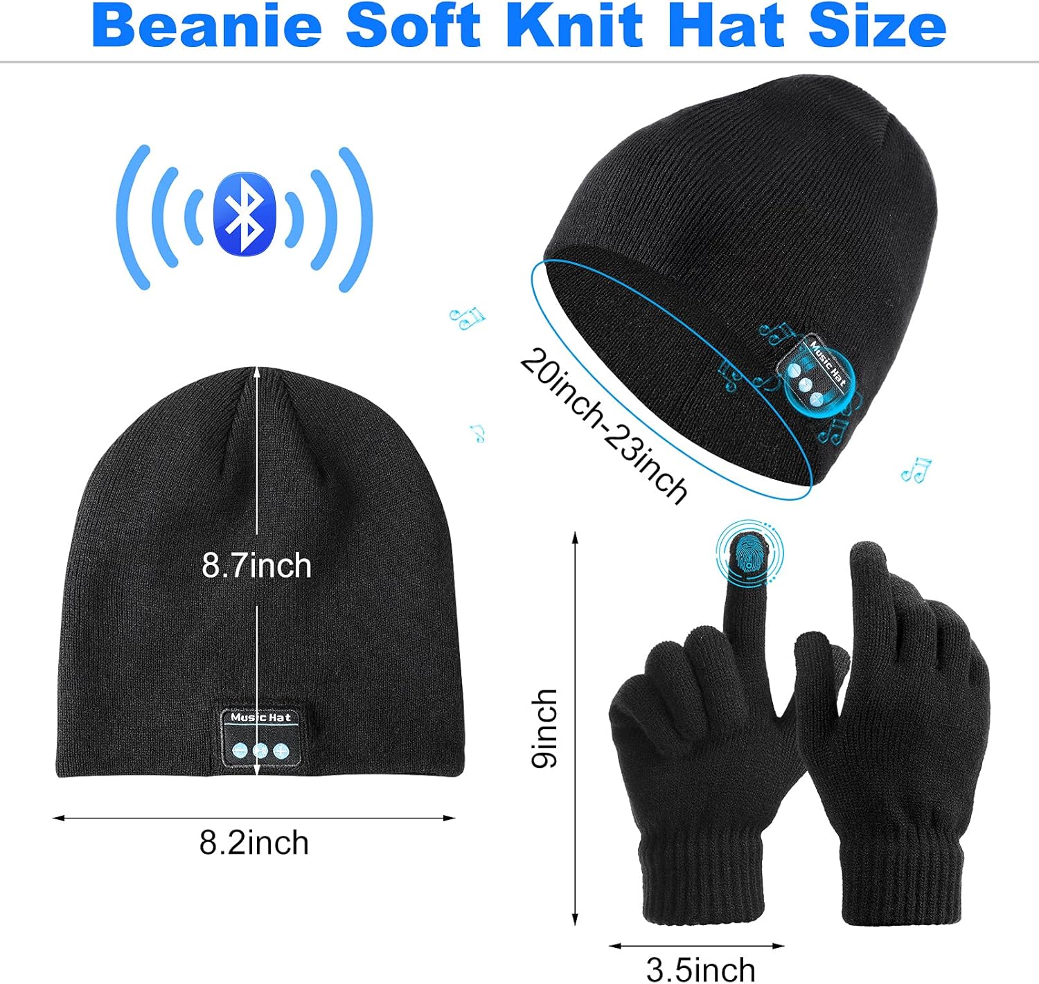 Honoson 4 Set Bluetooth Beanie Hat for Men Wireless Music Beanie with Gloves Winter Gift for Men Women Sports Winter Gift