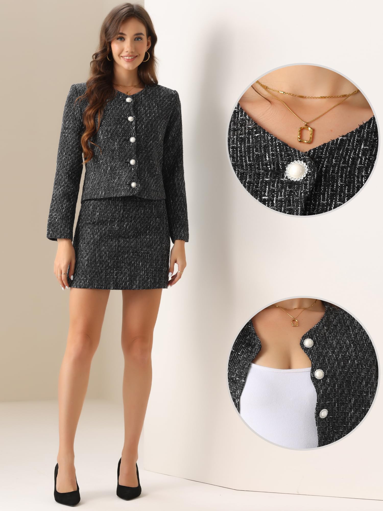 Allegra K Tailleur Donna Eleganti in Tweed da Lavoro Set Gonna e Blazer Senza Colletto in 2 Pezzi da Ufficio