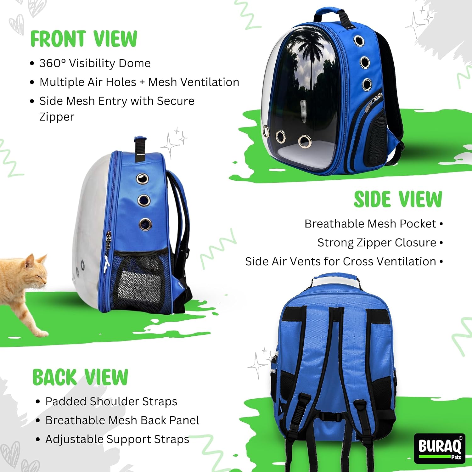 Pet Transparent Breathable Cat Carrier Backpack for Cats, Kitten Small Breed Dog Puppies,Parrots Rabbits for Travelling,Hiking and Picnic Shorter and Longer Distance (Royal Blue)
