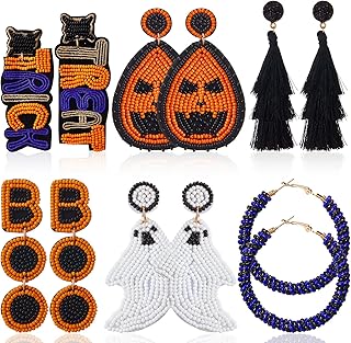 6 Pairs Halloween Boo Beaded Dangle Earrings Spooky Ghost Pumpkin Drop Dangle Earrings Tassel Hoop Earrings for Women Girl...