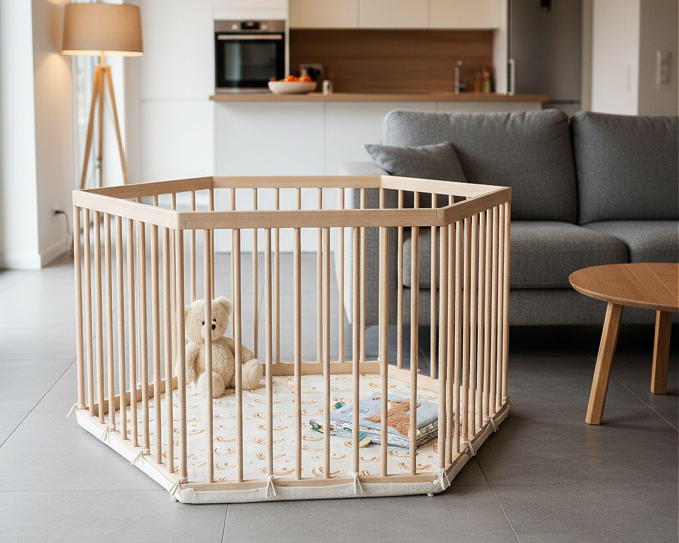 WEBABY - Parc bébé hexagonal en bois ALVEO avec fond textile - 125 x 106 x 65 cm