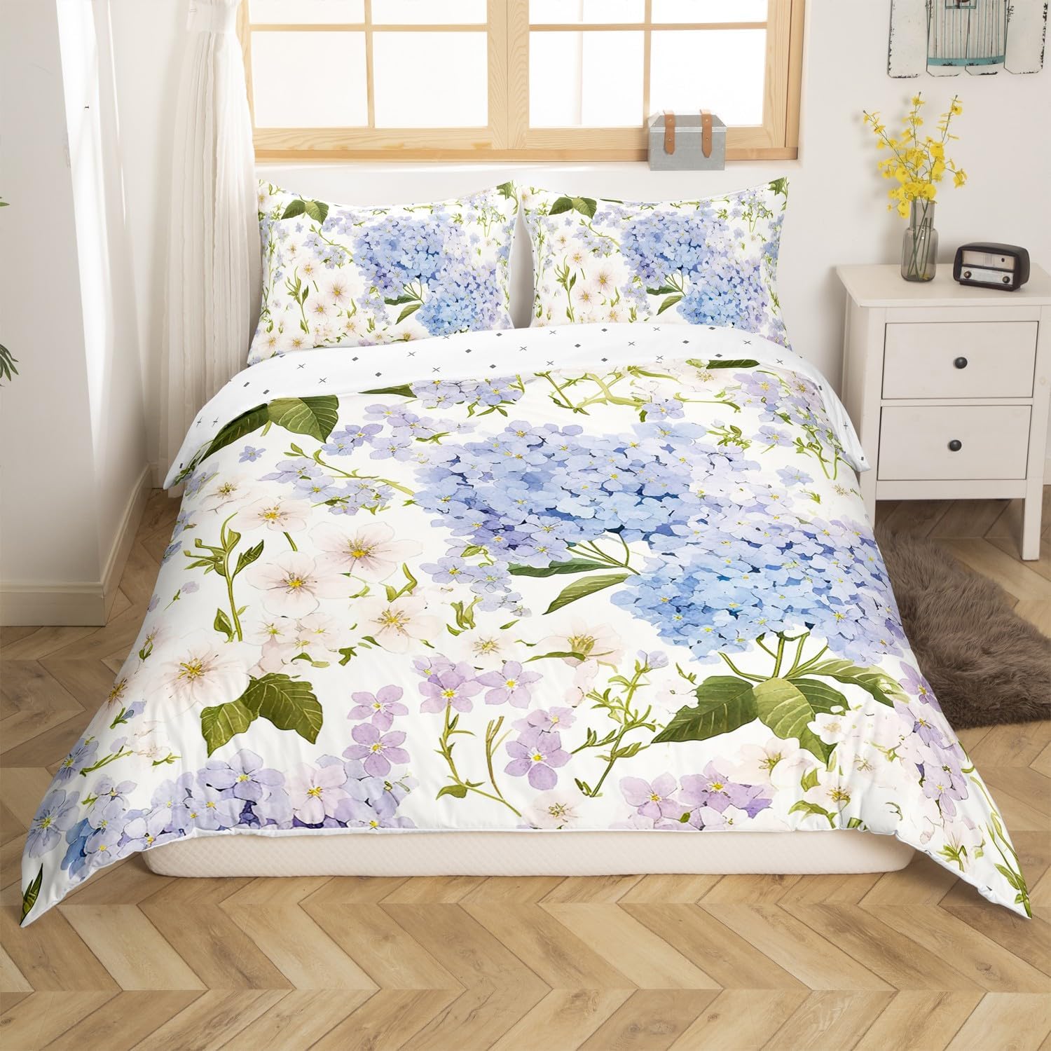 Feelyou Hydrangea Bedding Set King Size Kids Hydrangea Floral Comforter Cover Set Teens Garden Flowers Duvet Cover Natural Theme White Blue Bedspread Cover Room Decor Quilt Cover,No Comforter