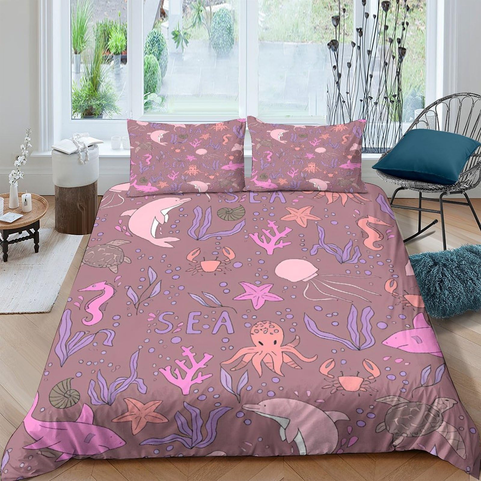 Parure de lit 3 pieces dauphin rose 200x200 housse de couette 3D fermeture zip