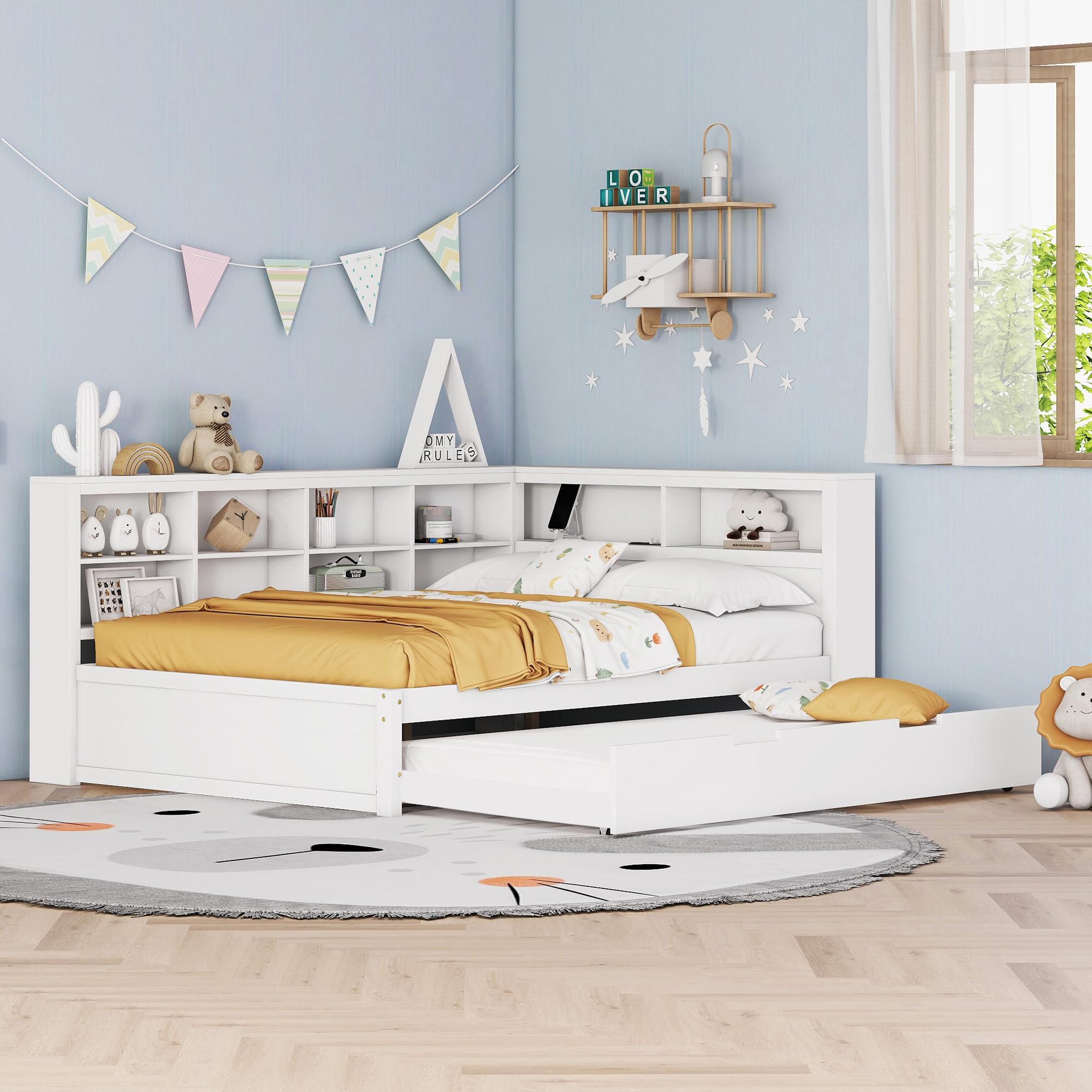 Merax Kinderbett 140 x 200 cm mit USB-Buchse, Jugendbett mit Ausziehbarem Bett 90x190 cm und Stauraum, für Kinder & Jugend, Massivholz, Weiß (Ohne Matratze)