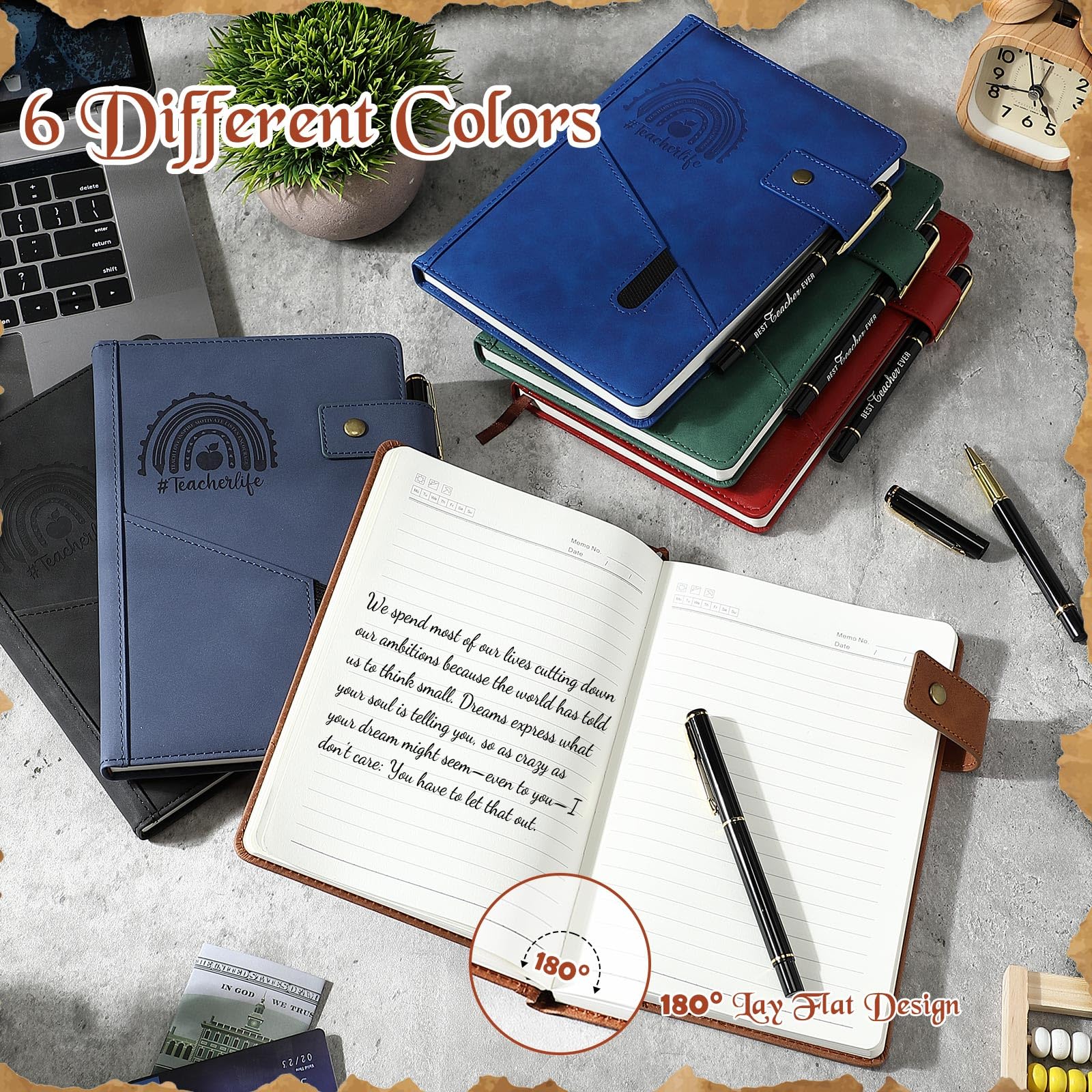 Dunzoom Set di 6 quaderni con penna per insegnanti, con copertina rigida, formato A5, in pelle, idea regalo per studenti, regalo di ringraziamento (arcobaleno)