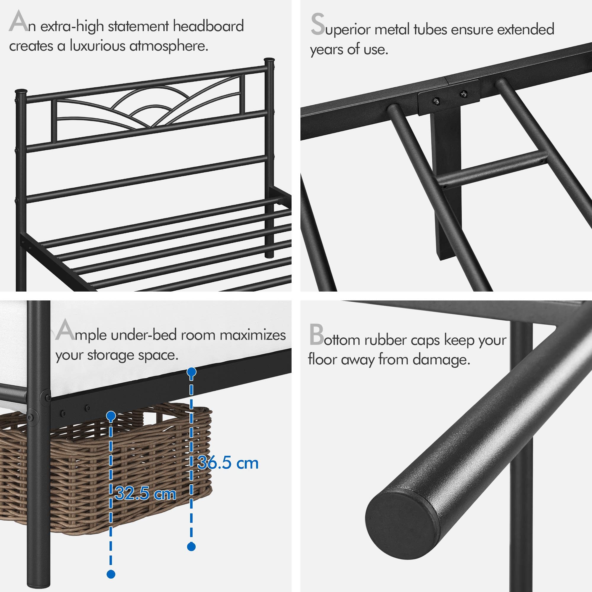 Yaheetech Bettrahmen Metallbett Gästebett Bettgestell aus Metall, Modern Jugendbett mit Lattenrost, für Schlafzimmer Gästezimmer 90 x 200 cm/Schwarz
