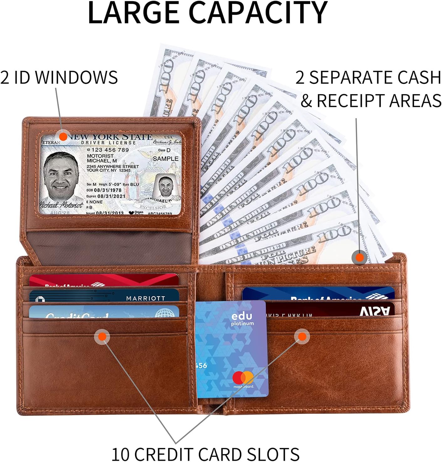 Leather Wallets for Men, Genuine Leather Mens Wallets Bifold Rfid Blocking with 2 ID Windows - Image 3