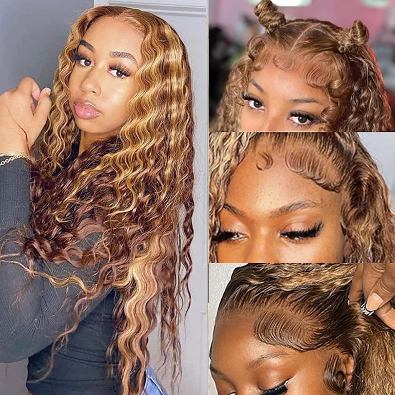 MISSJAY 32 Inch Ombre Highlight 13x4 HD Transparent Lace Front Wigs Human Hair Honey Blonde 4/27 Deep Wave Human Hair Wigs for Black Women Curly Wigs Pre Plucked with Baby Hair 180 Density