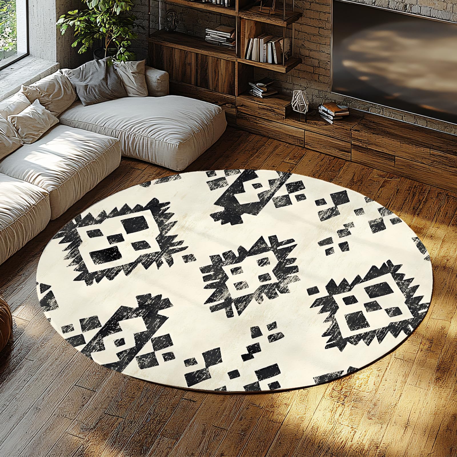 Tappeto minimalista in bianco e nero Circle Area Tappeti rotondi etnici aztechi geometrici astratti tappeto antiscivolo a pelo corto per soggiorno Camera da letto 90cm