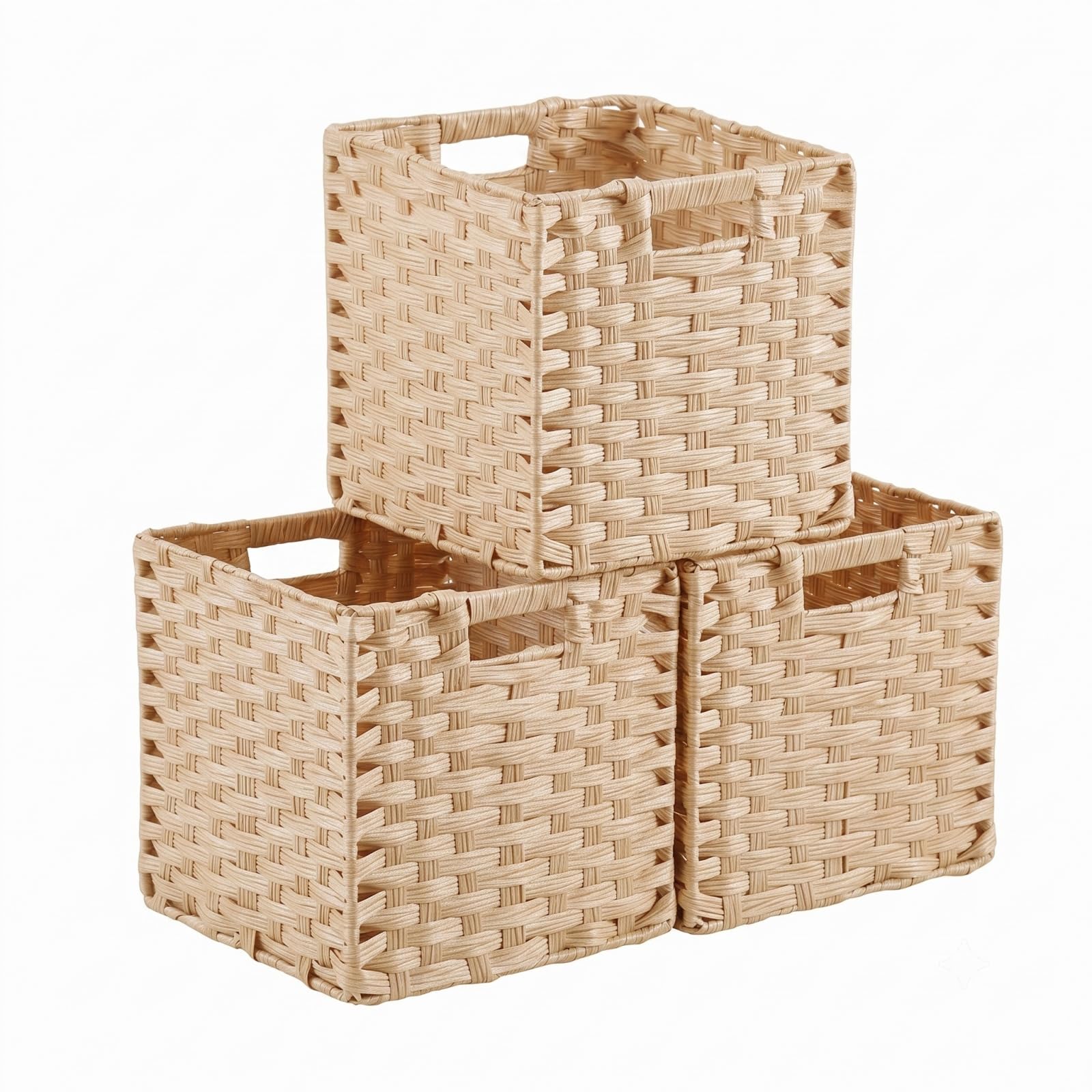 SOCOHOME Cube Storage Box,25x25x25cm Faux Rattan Storage Basket for Toy Clothes Shelf Nursery Closet Waterproof, Non-Mouldy(Light Beige, 3 Pack)