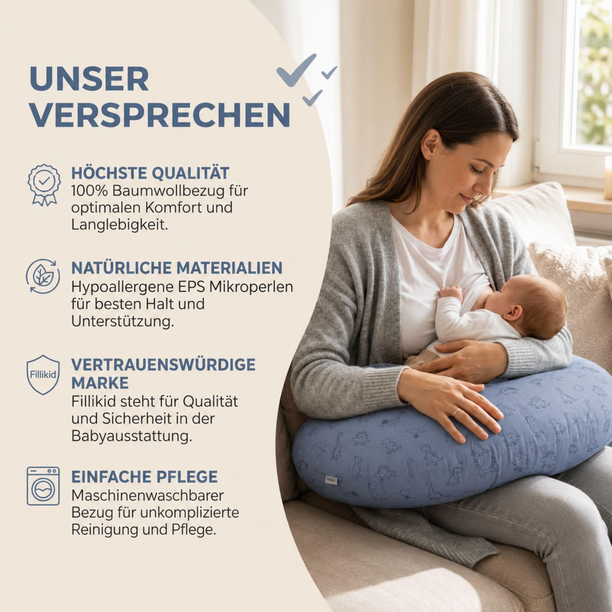 Fillikid Stillkissen EPS-Perlen 190 cm Exklusiv | XXL Stillkissen mit EPS Mikroperlen Länge 190 cm | Schwangerschaftskissen Bezug 100% Baumwolle maschinenwaschbar | Kissen Schwangerschaft