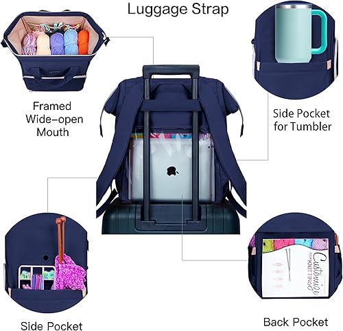 Miniatura 10 de Leudes Mochila para tejer, organizador de almacenamiento de hilo, bolsa de ganchillo grande, regalo de Navidad, estuche para llevar proyectos,