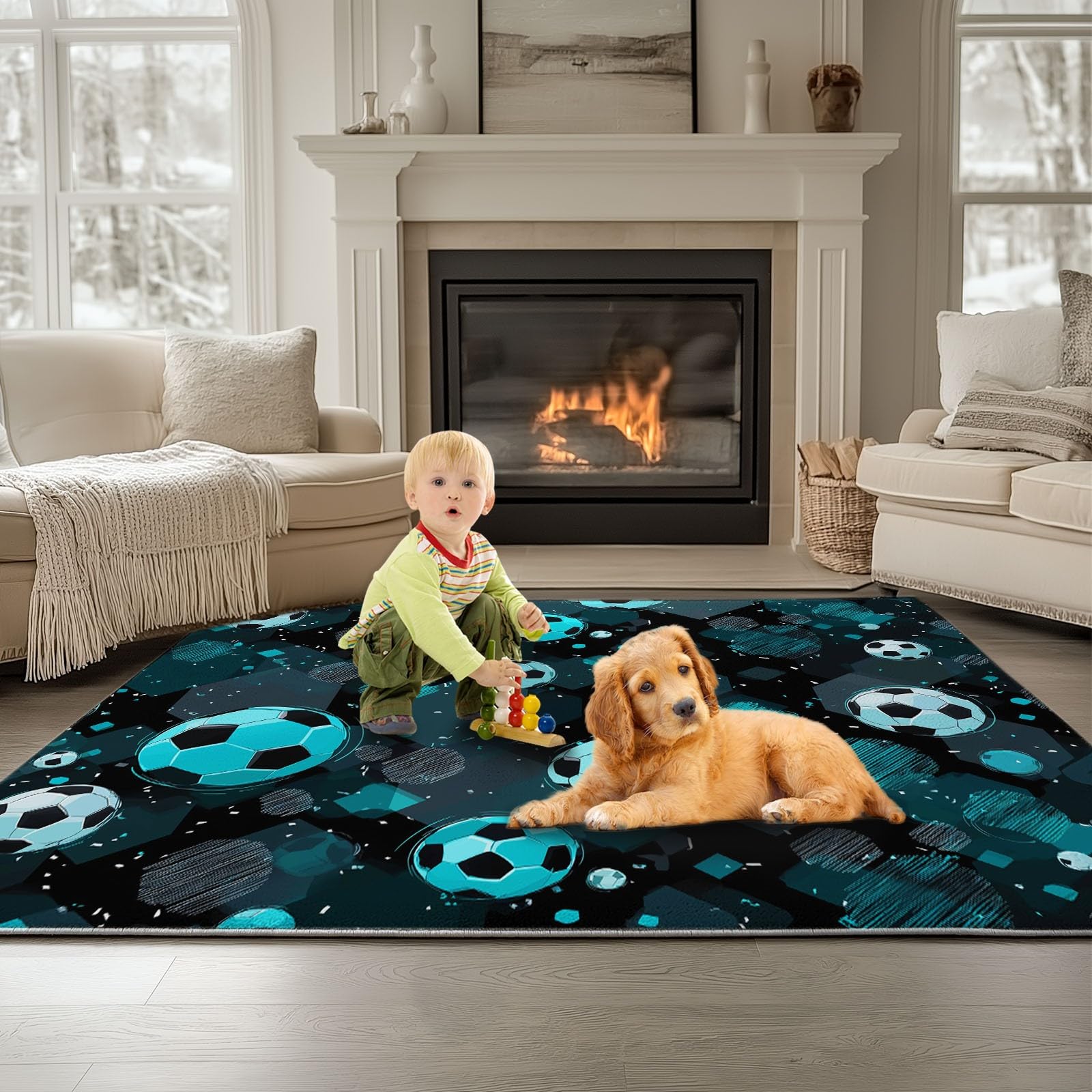 Genérico Alfombra Infantil para Dormitorio, Poliéster XXL Lavable Antideslizante, Fútbol Americano Teal Estrellas Deporte, 160x230cm