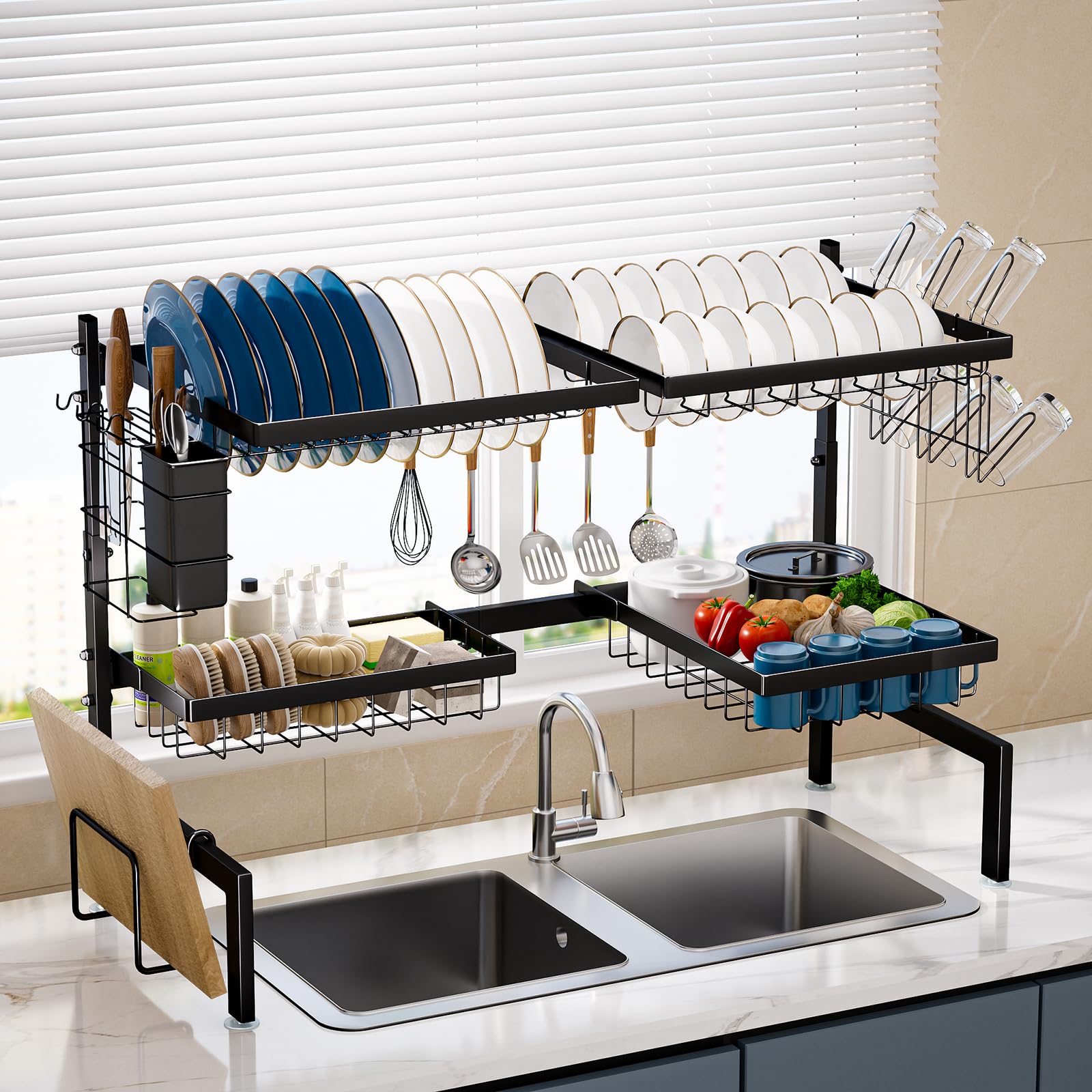 Levede Over the Sink Drainer Rack, 2-Tier Expandable Draining Rack 66-85cm, Large Kitchen Dish Drainers with 4 Basket, Space-Saving Kitchen Counter Shelf Organiser