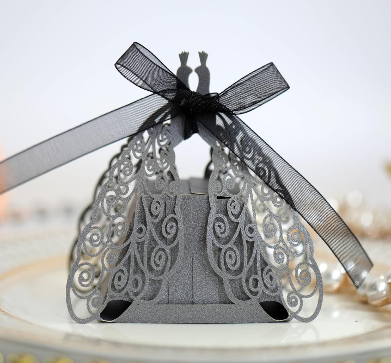 BuryTony 100 Pcs Peacock Laser Cut Sweet Candy Boxes with Ribbons for Wedding Party Favour, Flower Flora Gift Box,Bridal Shower Wedding Party Anniversary Favors (Dark gray)