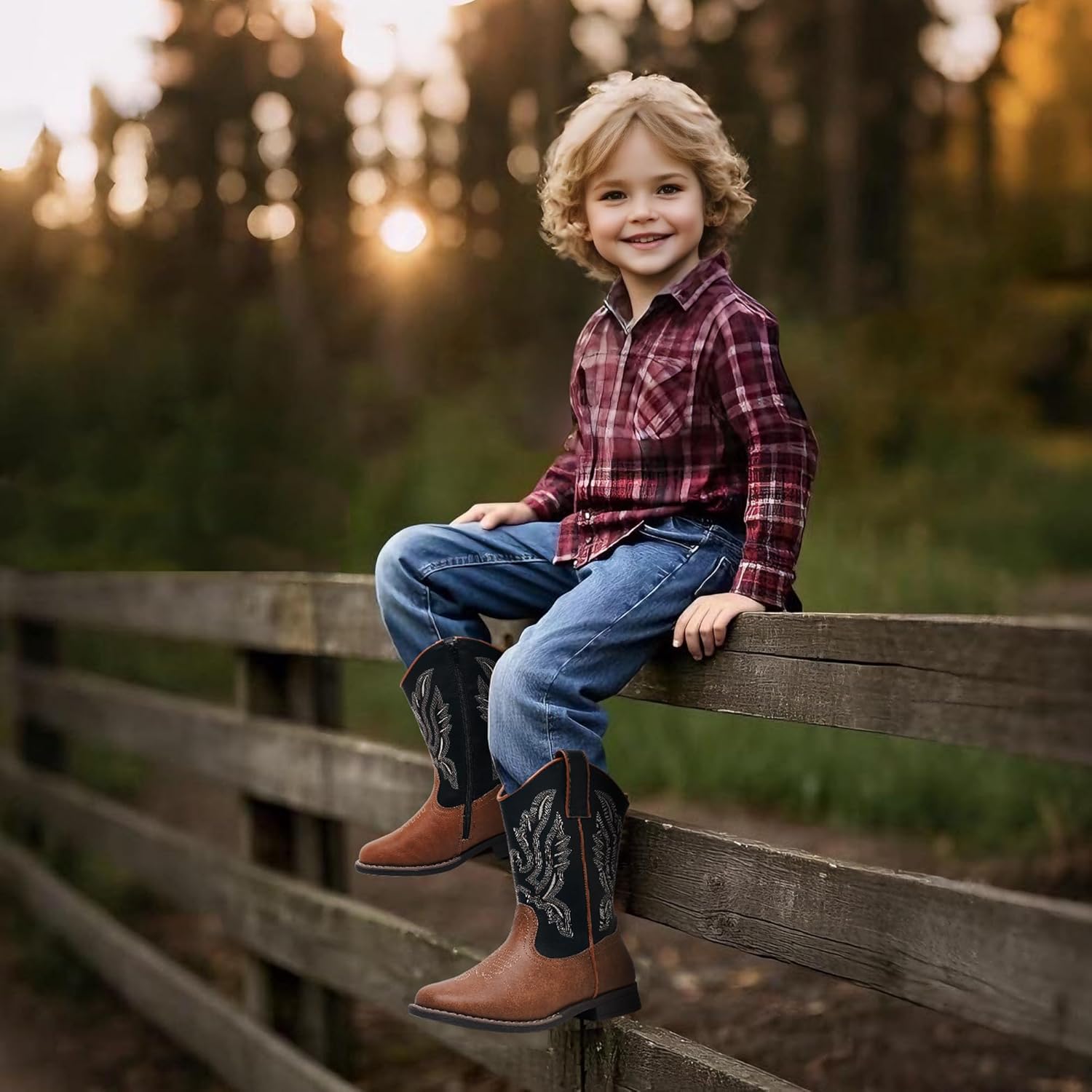 Apakowa Kids Cowboy Boots - Cowboy and Cowgirl Boots for Boys and Girls, Mid-Calf Square Toe Western Rodeo Boots with Embroidery and Side Zipper (Toddler/Little Kid/Big Kid)