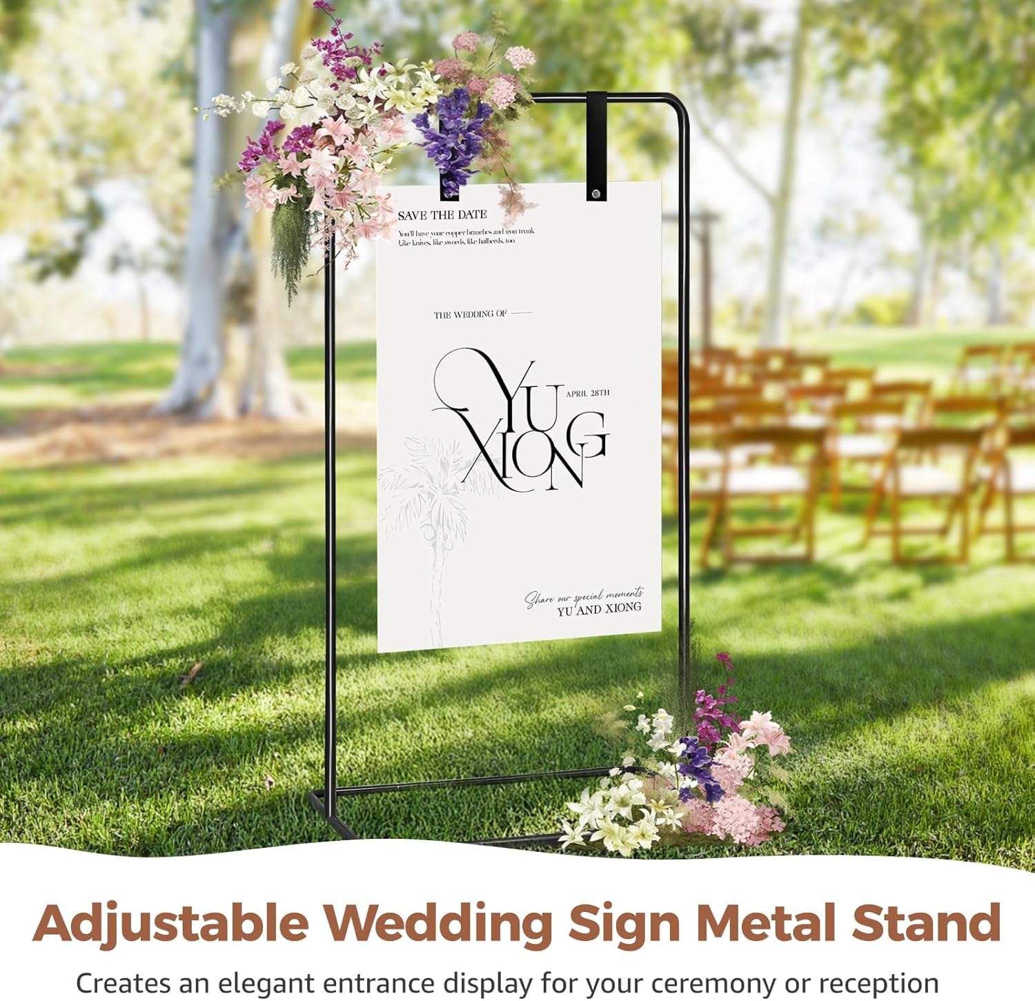 Adjustable Wedding Sign Metal Stand, Welcome to Our Wedding Sign Holder, 20 x 30 in Metal Frame, 68 in Tall Display Stand for Welcome Signs, Seating Charts, Party or Business Events