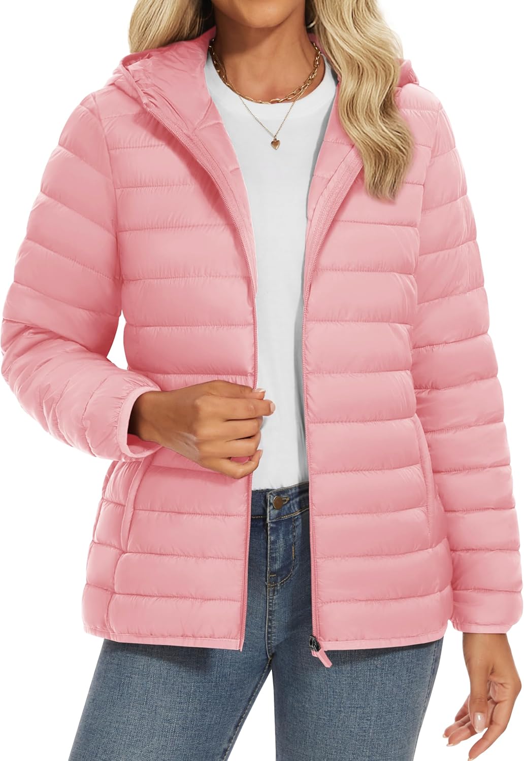 YUCOLEN Women's Puffer Jacket with Hood Lightweight Quilted Padded 4 Pockets Zip-up Coat Winter Jackets for Women