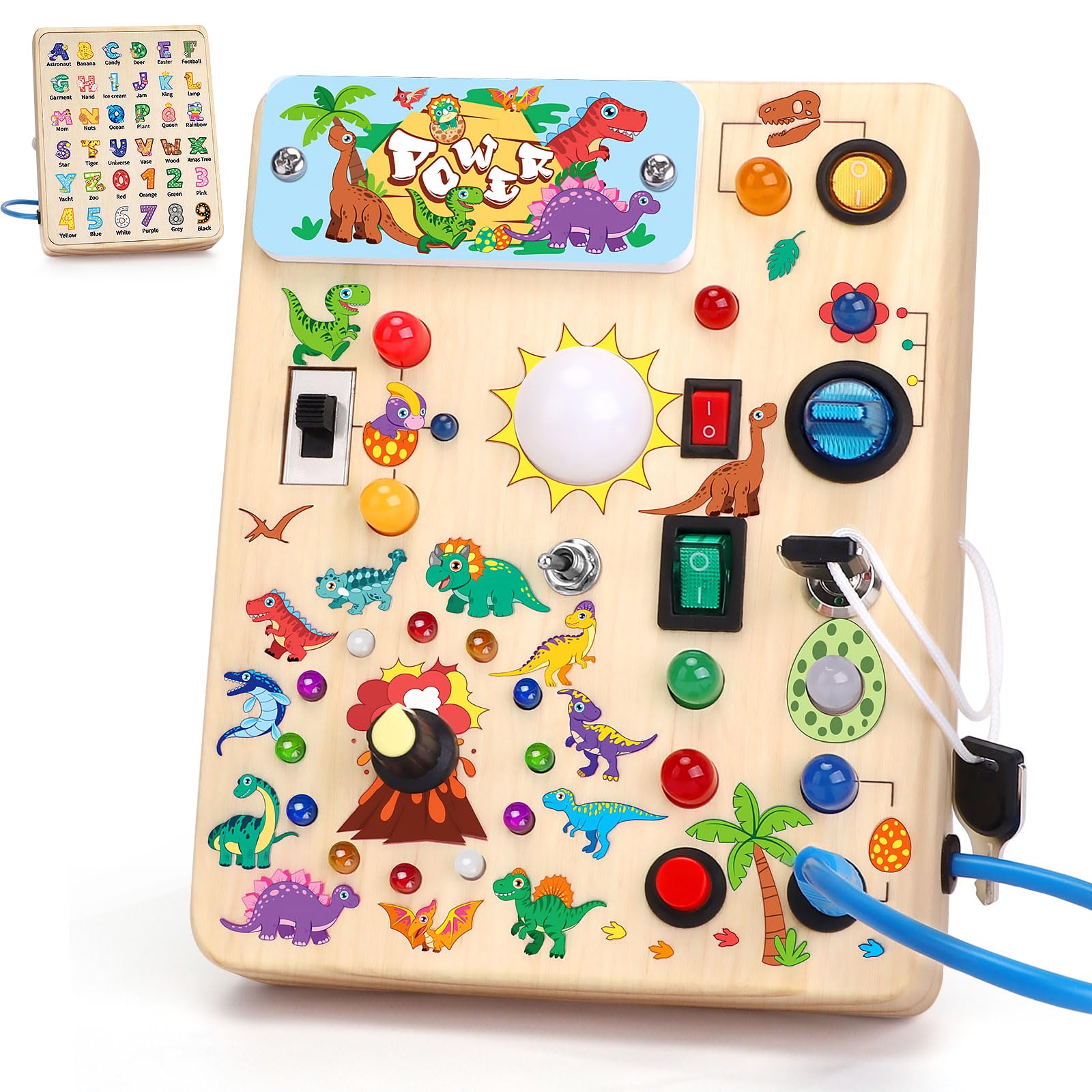 wakeInsa Toddler Busy Board,Montessori Toys for 1-3 Years Old,Baby Sensory Board,Wooden Learning Toys,Christmas &amp; Birthday Gift for Boys &amp; Girls (Dinosaur Busy Board v2)