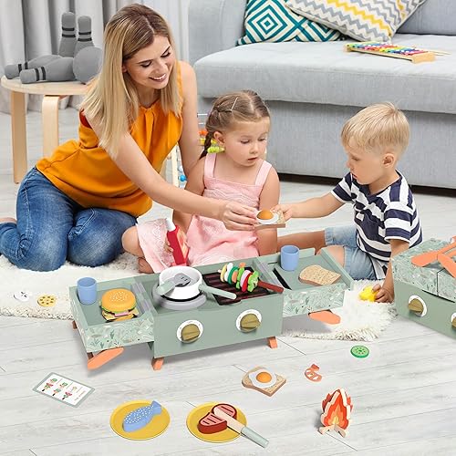 Miniatura 3 de Juego de parrilla de madera para niños, juego de cocina de barbacoa para niños, juego de parrilla con simulación de sonido, juguetes de cocina para