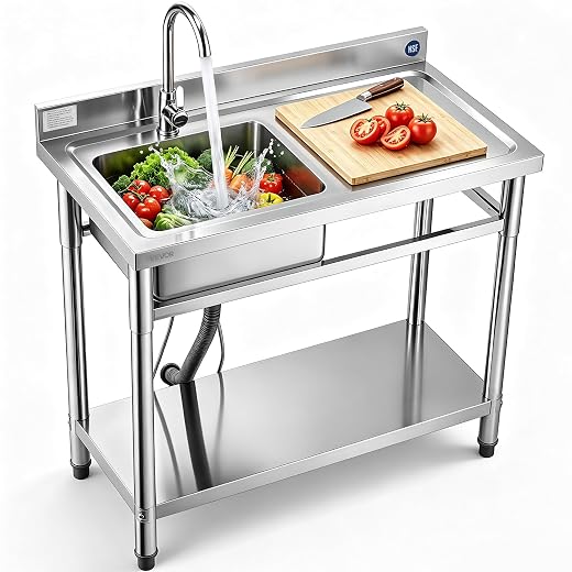 VEVOR Stainless Steel Utility Sink, Free Standing Single Bowl Commercial Kitchen Sink with Faucet, 39.4 x 19.7 x 37 in, Utility Right Basin with Hot & Cold Water Pipe for Garage, Restaurant, Laundry