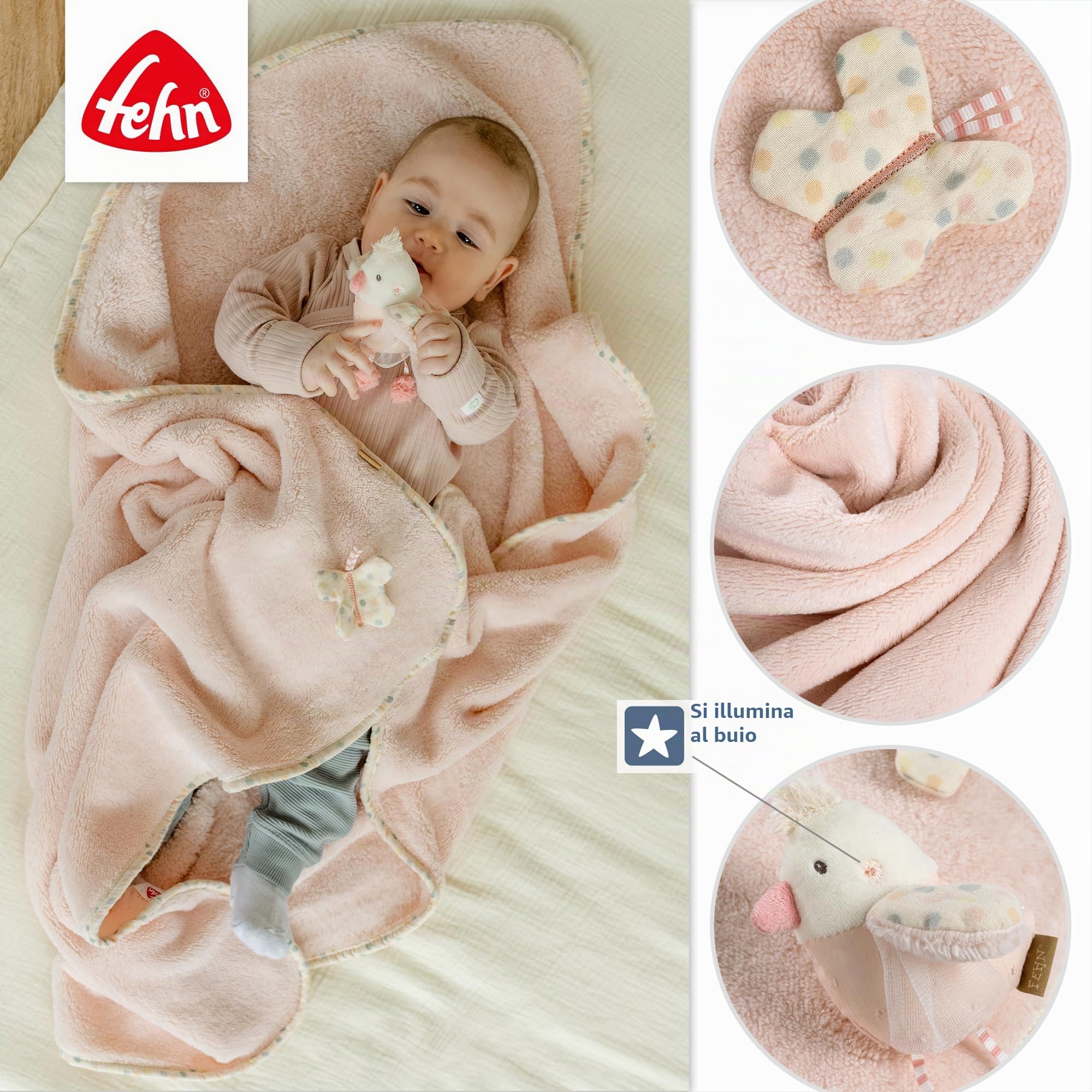 Fehn Coperta a forma di uccello – morbida coperta per coccole, come tappetino per gattonare, panno per affusolare o coperta per casa e in viaggio