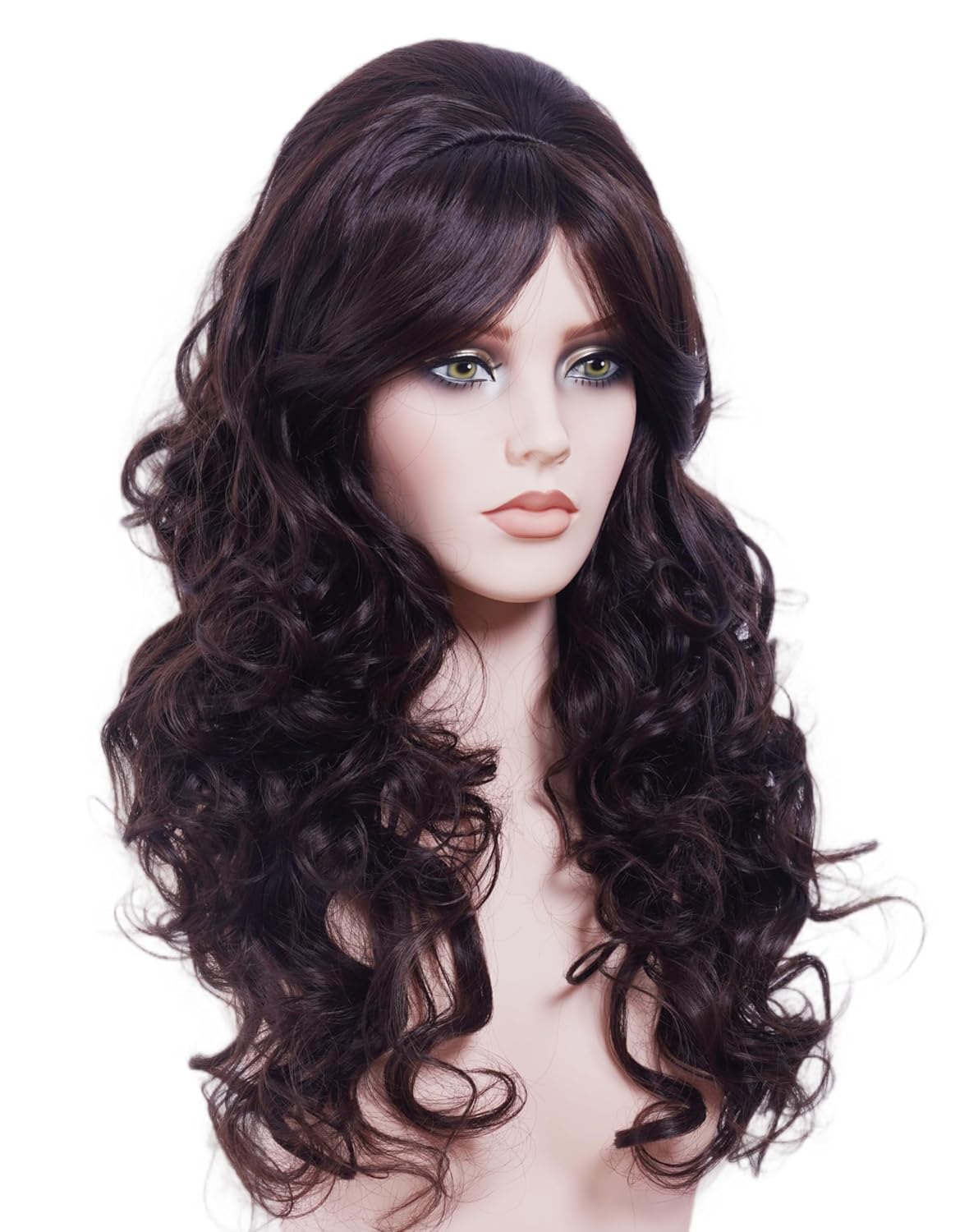 22 Inches Retro Beehive Dark Brown Wigs for Women Long Wavy Wig with Bangs Synthetic Natural Wig for 60s 70s 80s Cosplay,Halloween,Daily Use - Image 5