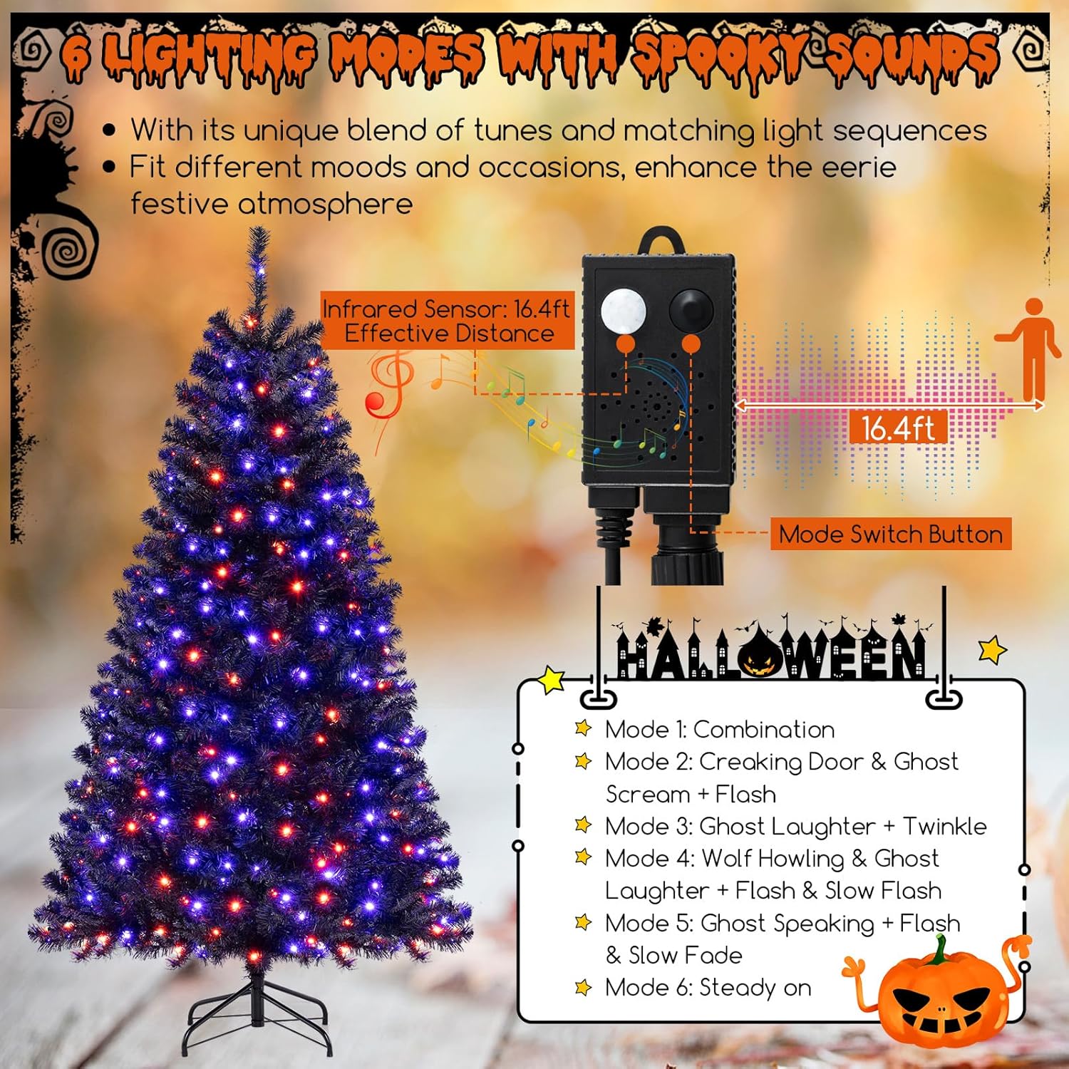 Goplus 6 FT Pre-Lit Black Christmas Tree, Artificial Hinged Halloween Tree with 280 Orange & Purple LED Lights, 6 Lighting Modes, Spooky Sounds, 758 Branch Tips, Xmas Tree for Home Office Decoration 6 FT Orange+purple