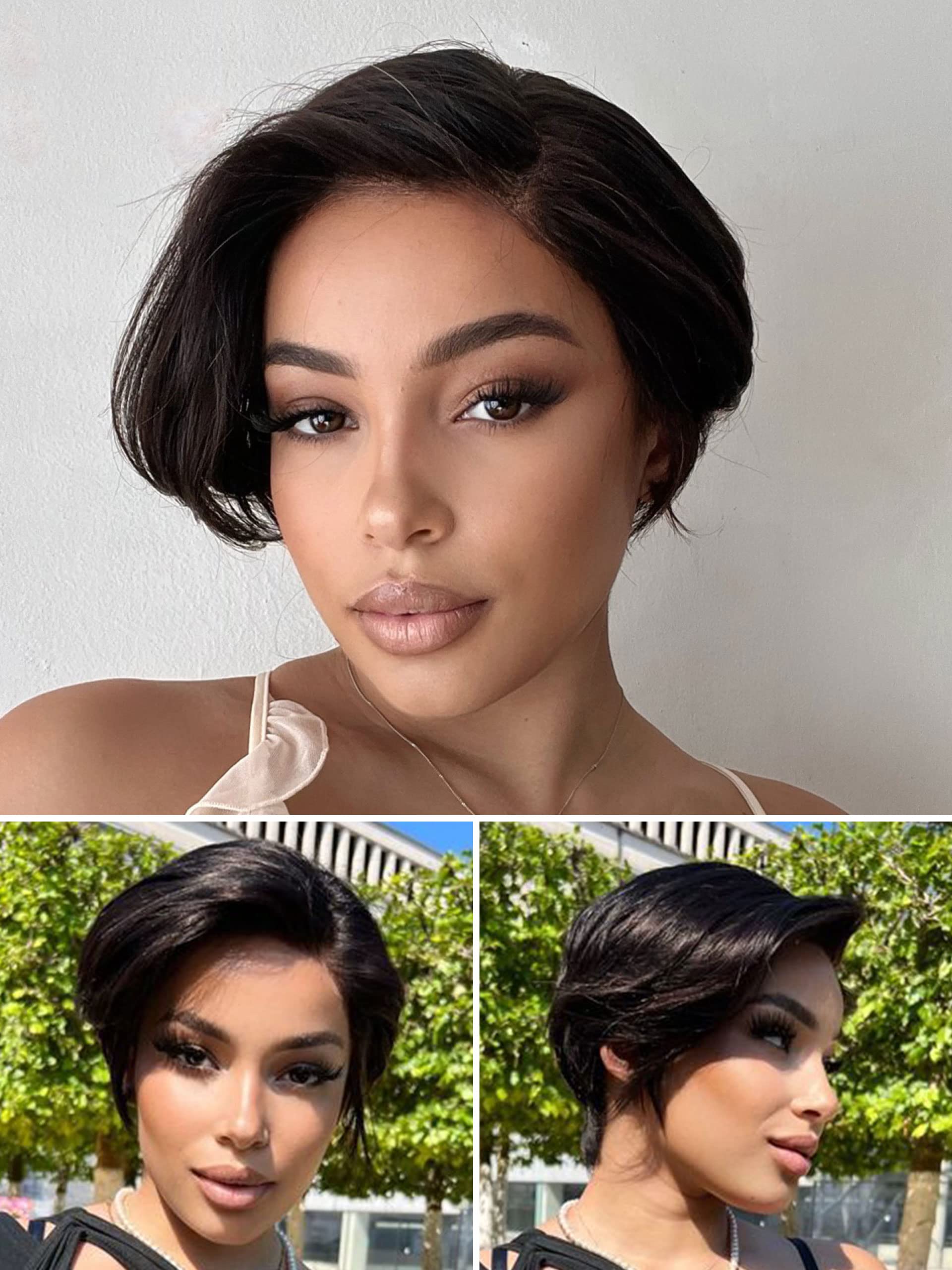 6" Undetectable Real HD Lace Pre-Styled Short Glueless Wigs Human Hair Pre Plucked Brazilian Human Virgin Hair Mature Boss Style Pixie Cut Wig Human Hair 180 Density