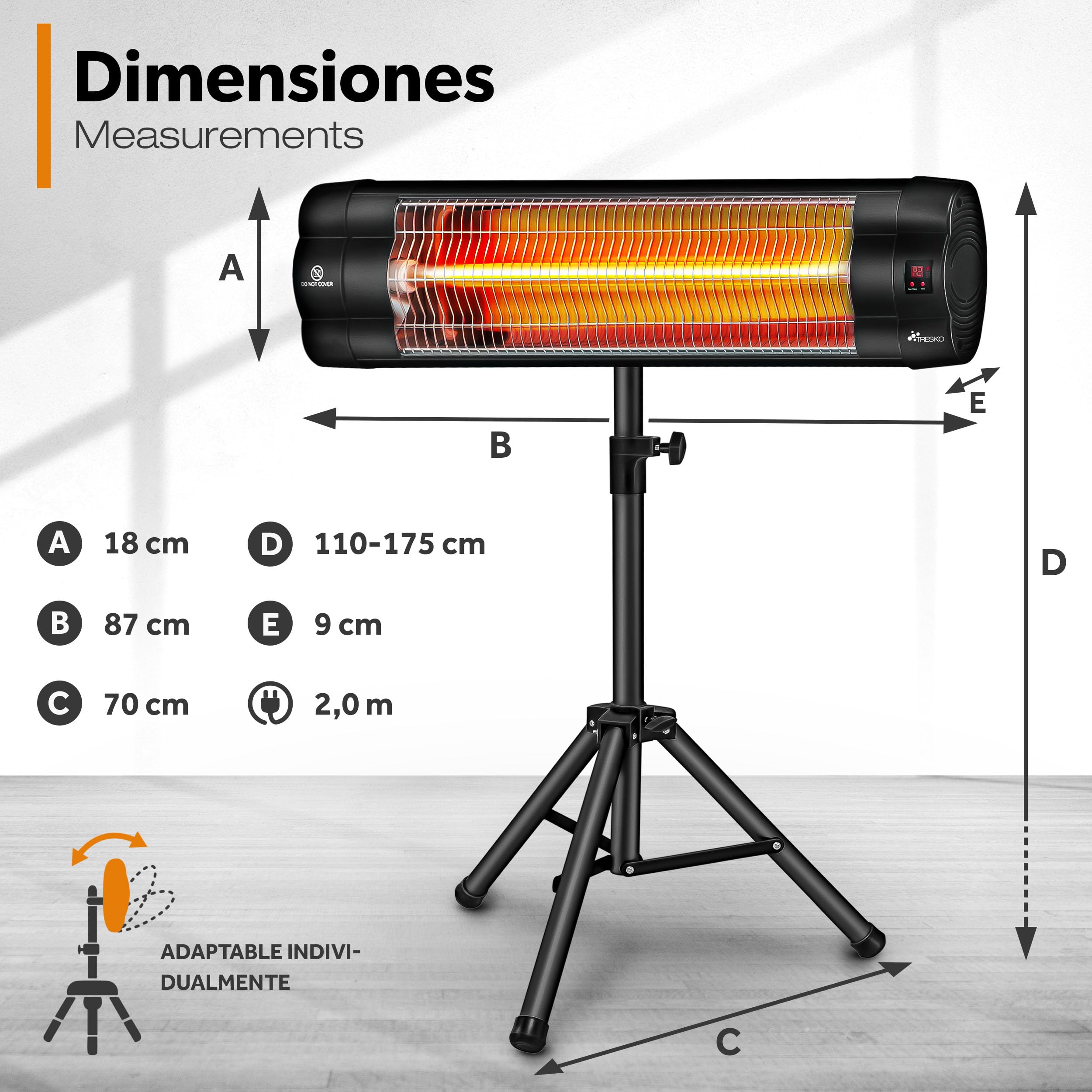 TRESKO Calefactor por Infrarrojos para Terraza | 2500W + Control Remoto | Estufa Radiante con 3 Temperaturas | Radiador Eléctrico para Exterior e Interior | Calentador con Altura Regulable (Negro)