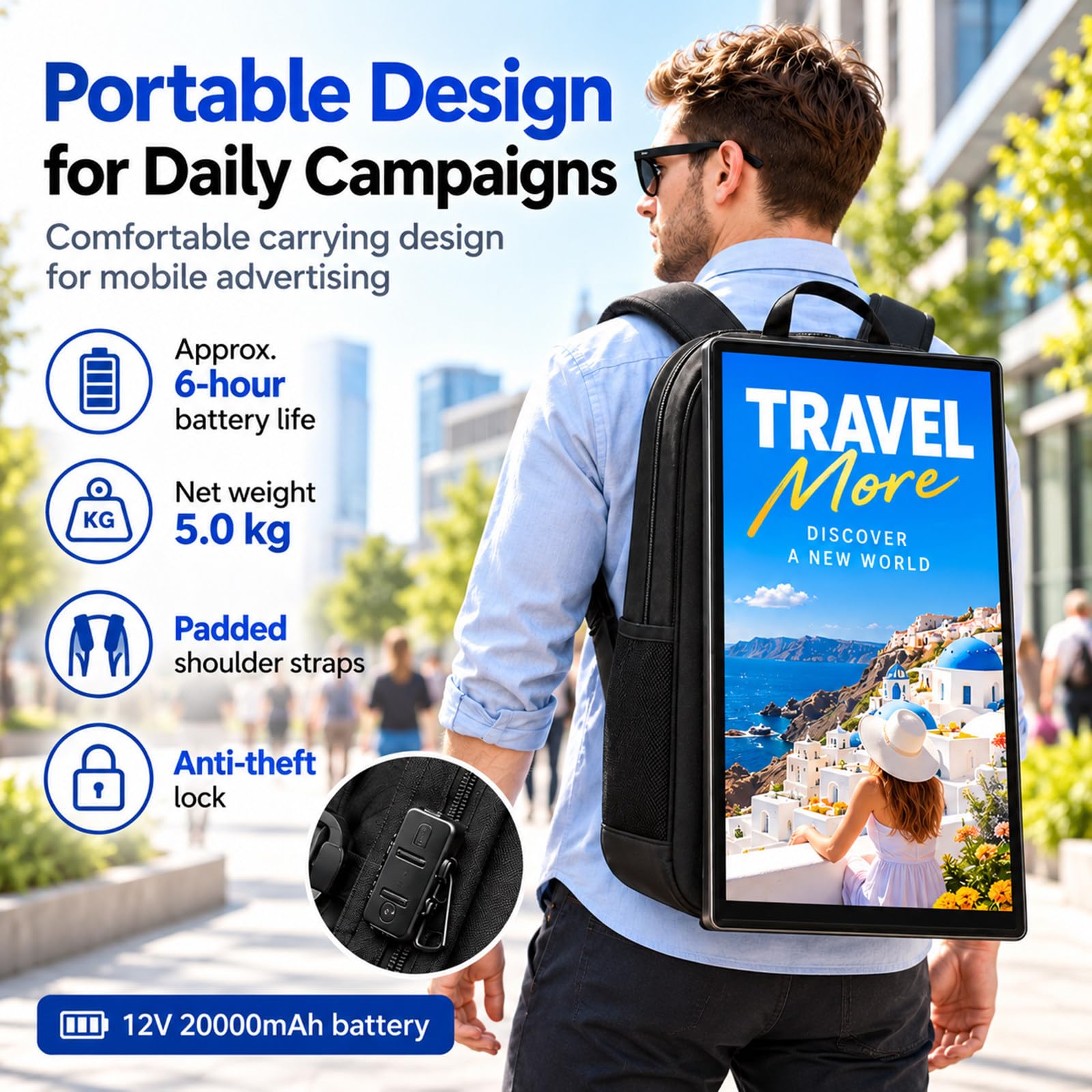 Mochila Publicitaria IP65 21,5 Pulgadas, Pantalla LCD Full HD 1000 Nits, Wi-Fi CMS, Reproducción Automática, USB/TF para Exterior, Eventos y Promociones