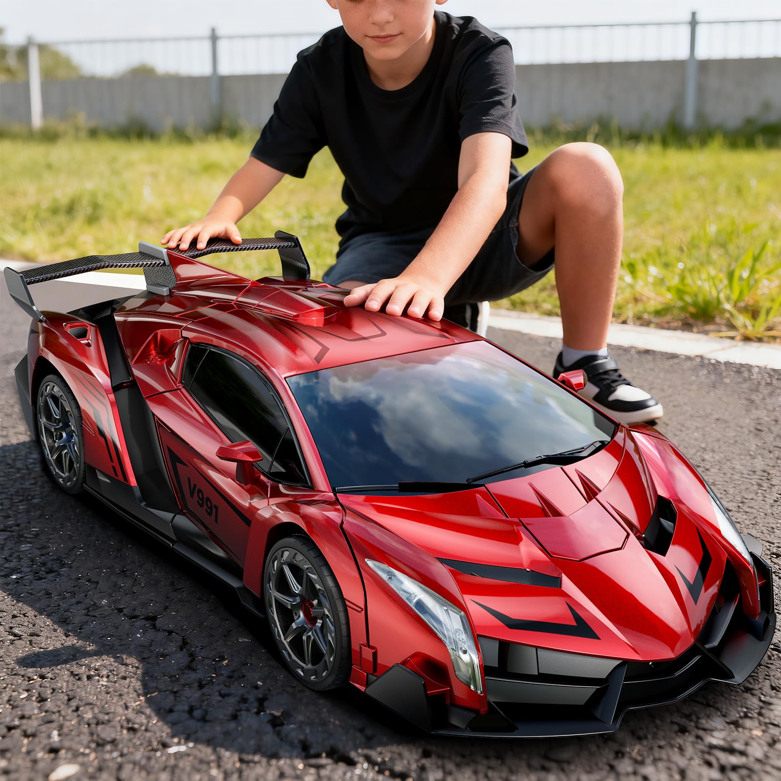 V991 2-in-1 Transform Robot RC Car, 1:10 Large Transform Toys Remote Control Car with Gesture Sensing, One-Key Deformation, LED Lights & Sound Effects, Cool Toy Gift for Boys and Girls 4-6 7 8 9(Red)