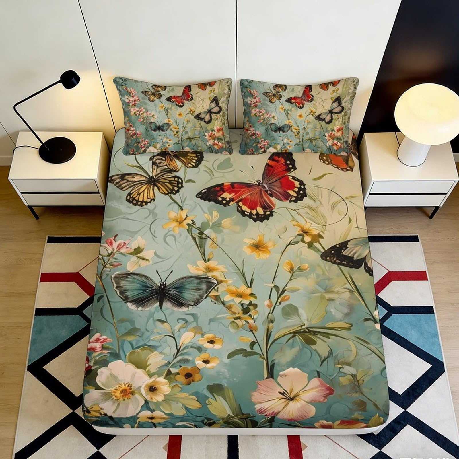 3D Printed Butterfly Floral Fitted Sheet Microfiber Deep Pocket Bedroom Bedding Butterfly Floral Mattress Fitted Cover Full Wrap 200x200x25cm