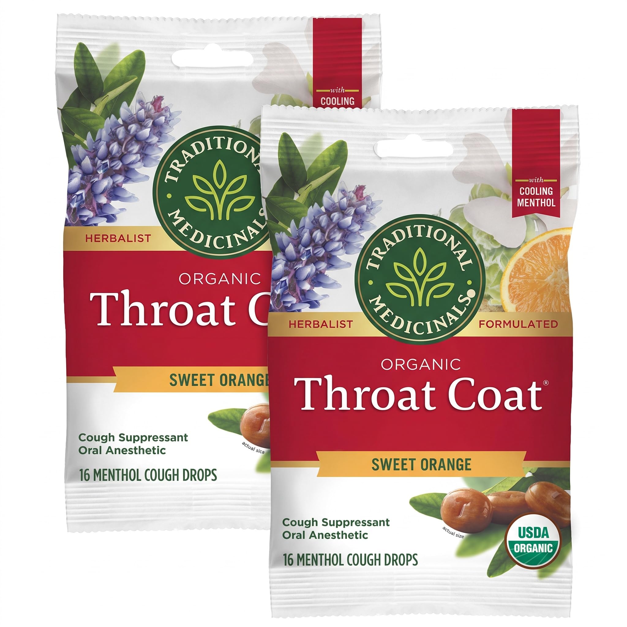 Traditional Medicinals Throat Coat Organic Cough Drops, Sweet Orange Fennel with Menthol, Soothes Sore Throats &amp; Relieves Coughs, 16 Count (Pack of 2)